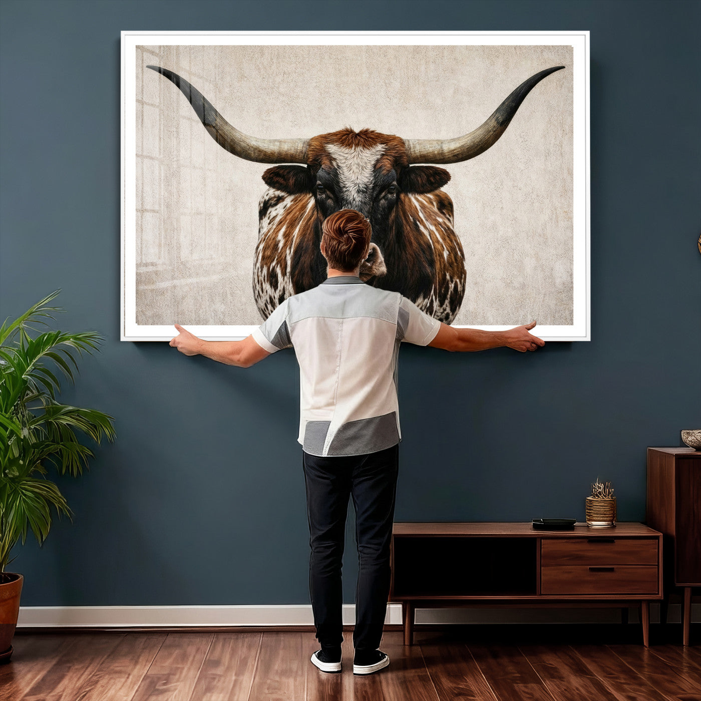 58622065-MGV-CV-36X24 - Texas Longhorn Canvas Wall Art Western Bull Desert Moody Grey Overcast Rustic Farmhouse Framed Large for Living Room Bedroom Office Decor