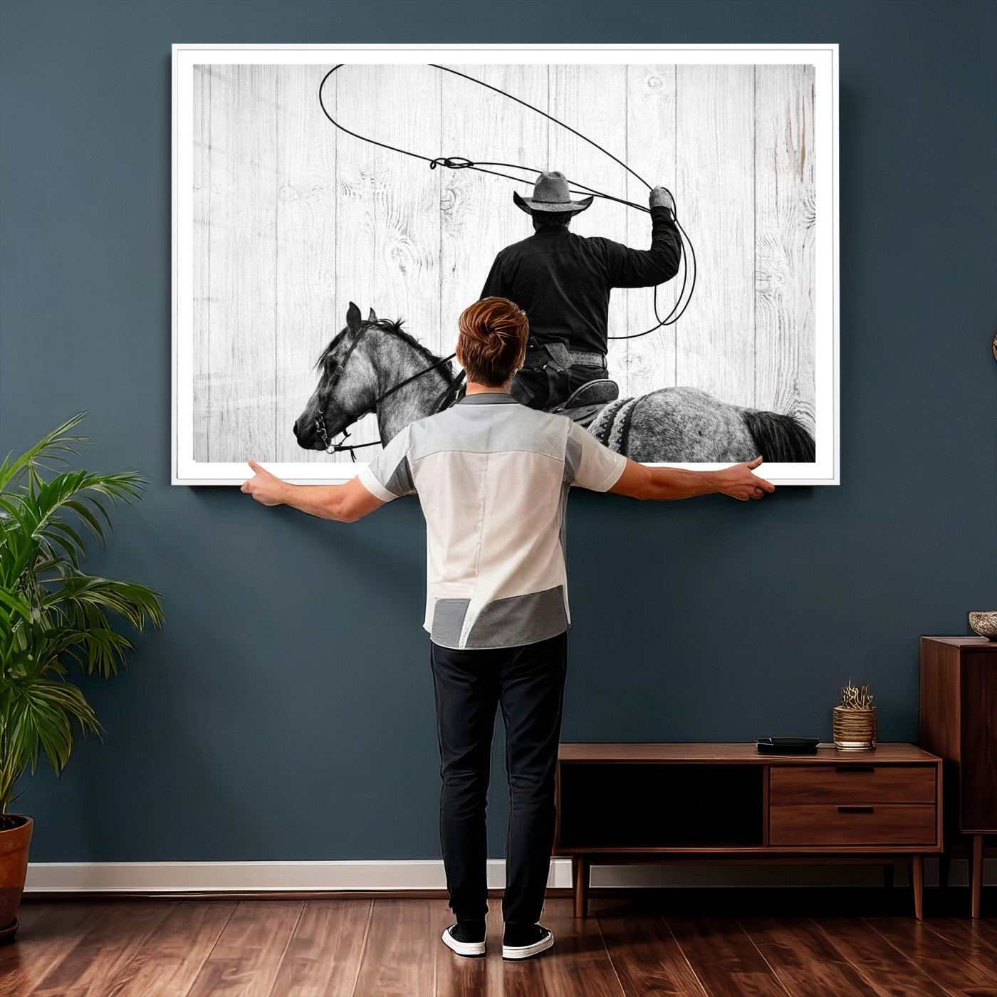 22569358-MGV-CV-36X24 - Cowboy Lasso Canvas Wall Art, Black White Western Horse Photo Print, Rustic Ranch Rodeo Decor, Farmhouse Western Art, Cowboy Gift for Him
