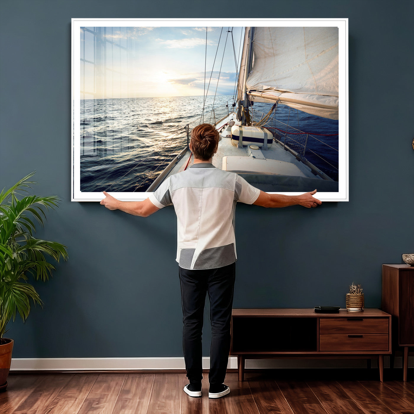 76381335-MGV-CV-36X24 - Sailboat Wall Art Canvas Print, Ocean Sunset Sailing Framed Artwork, Coastal Nautical Seascape Decor for Living Room Office Beach House