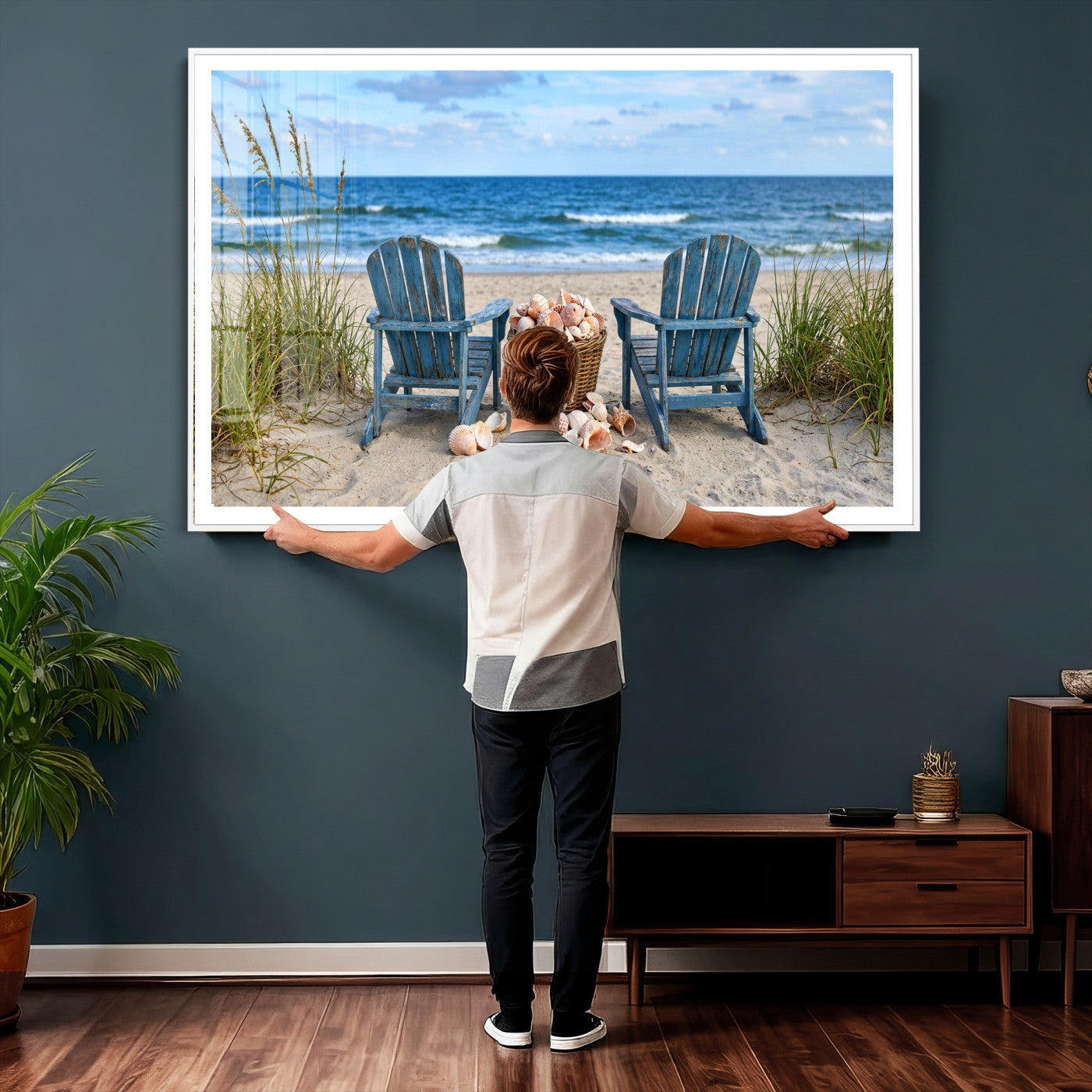 80268829-MGV-CV-36X24 - Large Beach Canvas Wall Art Coastal Adirondack Chairs Ocean Seashells Blue Nautical Framed Large for Living Room Bedroom Bathroom Decor