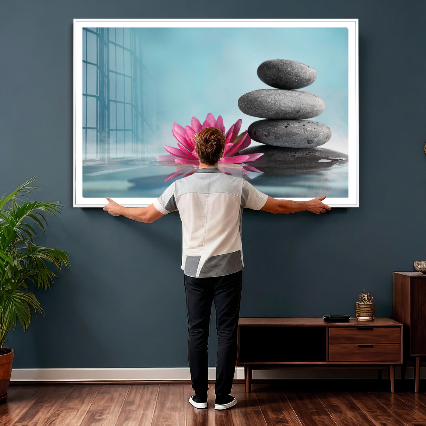 84293154-MGV-CV-36X24 - Zen Canvas Wall Art Lotus Flower Stacked Stones Teal Spa Meditation Relaxation Framed Large for Bathroom Bedroom Living Room Office Decor