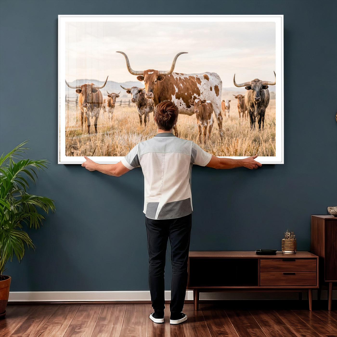 62336425AC-MGV-CV-36X24 - Texas Longhorn Canvas Wall Art, Rustic Farm Animal Photography Print, Farmhouse Country Decor, Western Ranch Art