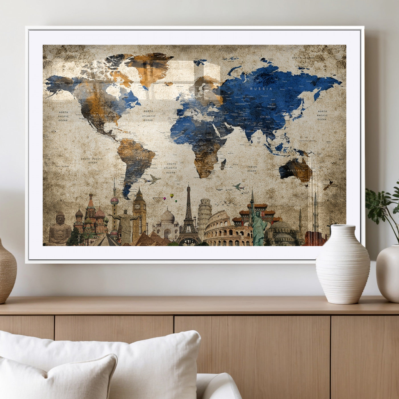 20261-MGV-CV-36X24-World Map Canvas Print – Vintage Blue and Gold World Map Wall Art, Framed Travel Inspired Decor for Living Room or Office