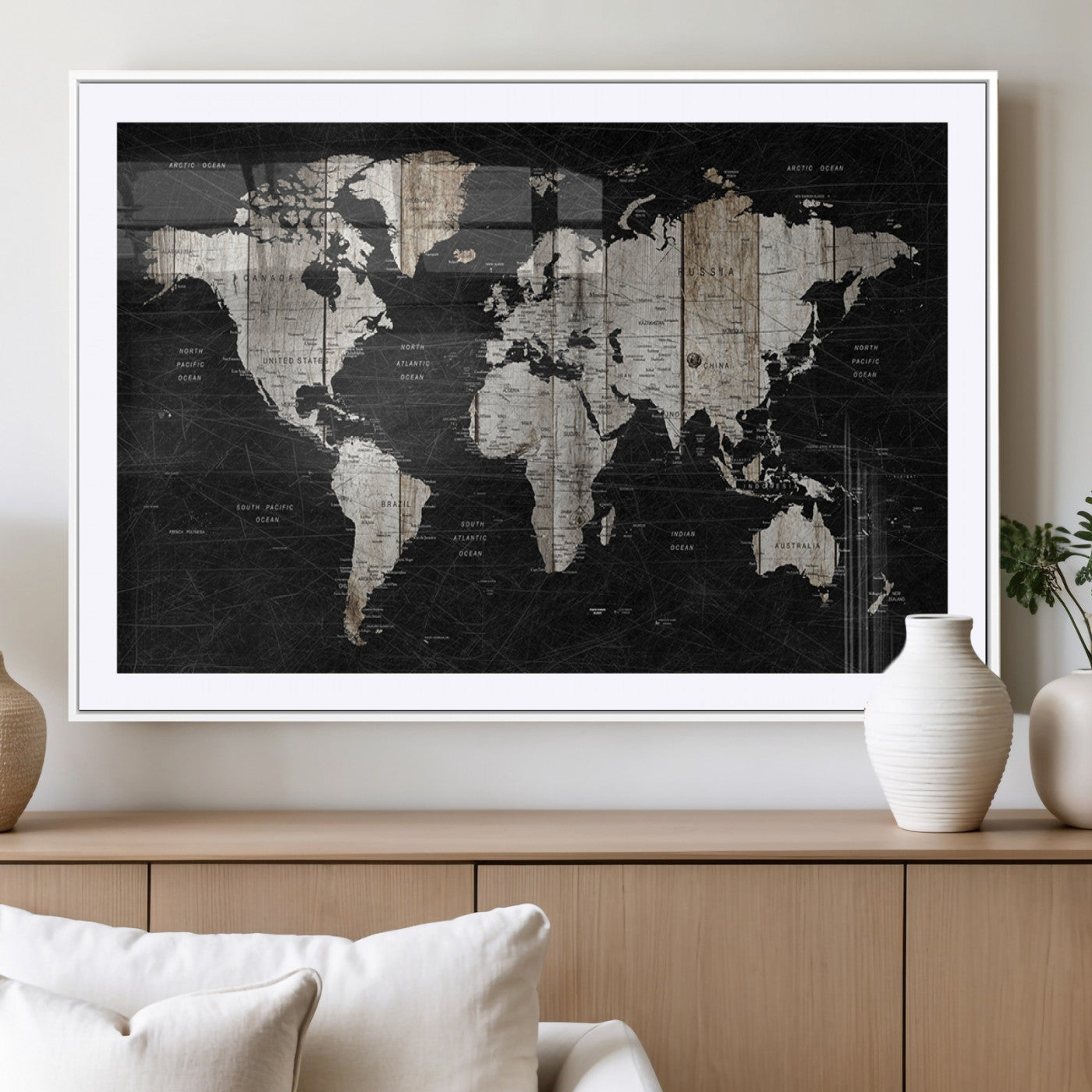 89998-MGC-FP-36x24_White-Rustic Black and Wood World Map Canvas Wall Art – Framed Push Pin Travel Map for Home and Office Decor, Modern Vintage Wall Artwork