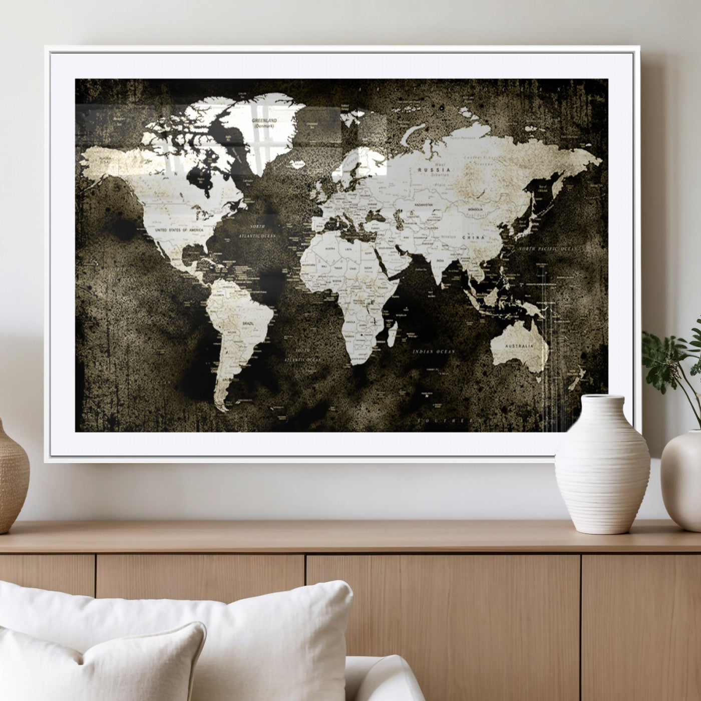 66737-MGC-FP-36x24_White-Vintage World Map Canvas Wall Art – Framed Push Pin Travel Map for Home and Office Decor, Rustic Wall Artwork for Travelers