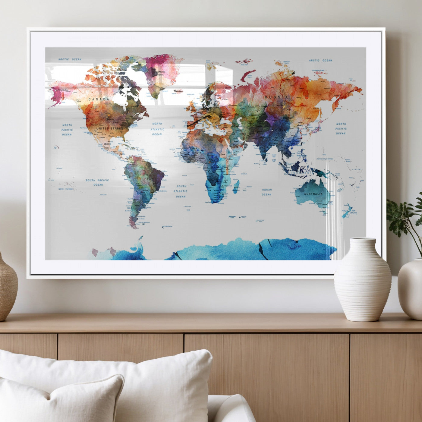 11576-MGV-CV-36X24-Vibrant Watercolor World Map Canvas Wall Art – Framed Push Pin Travel Map for Home and Office Decor, Modern Colorful Wall Artwork