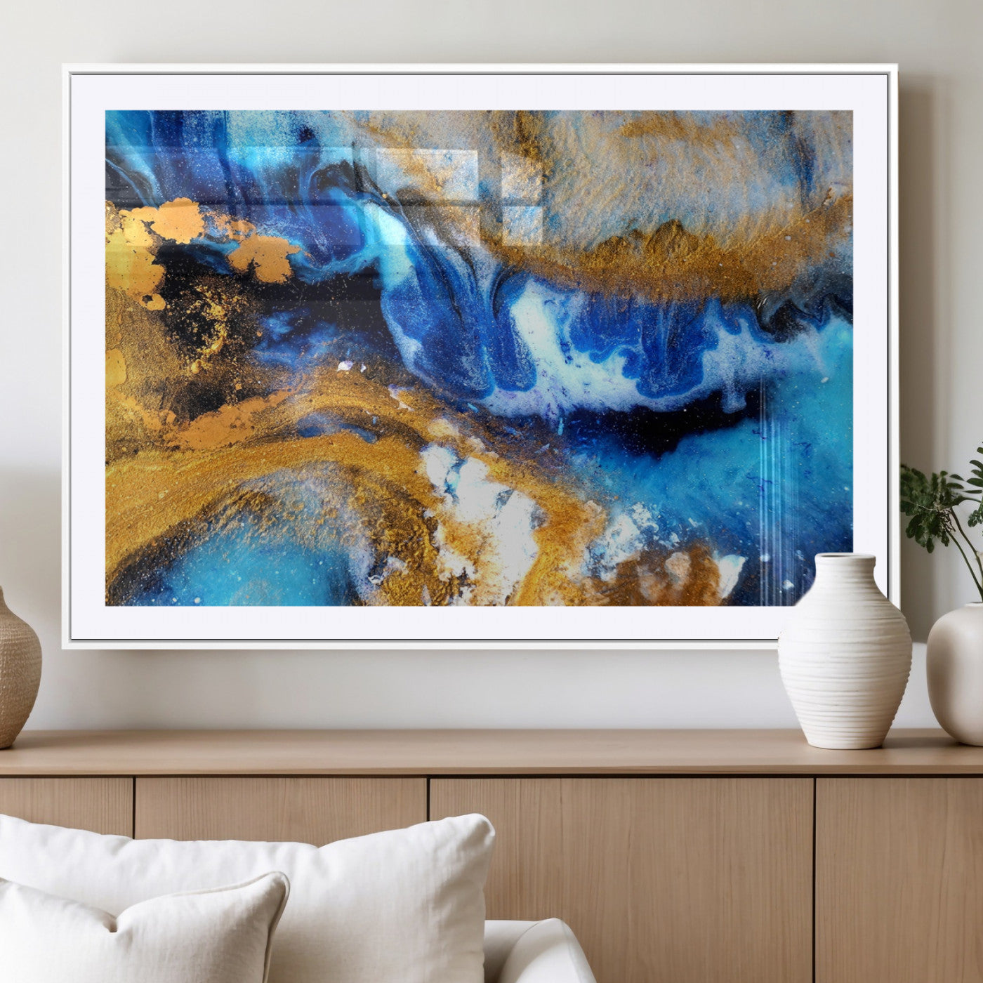 42100-MGC-FP-36x24_White-Blue Orange Marble Fluid Effect Canvas Wall Art Print