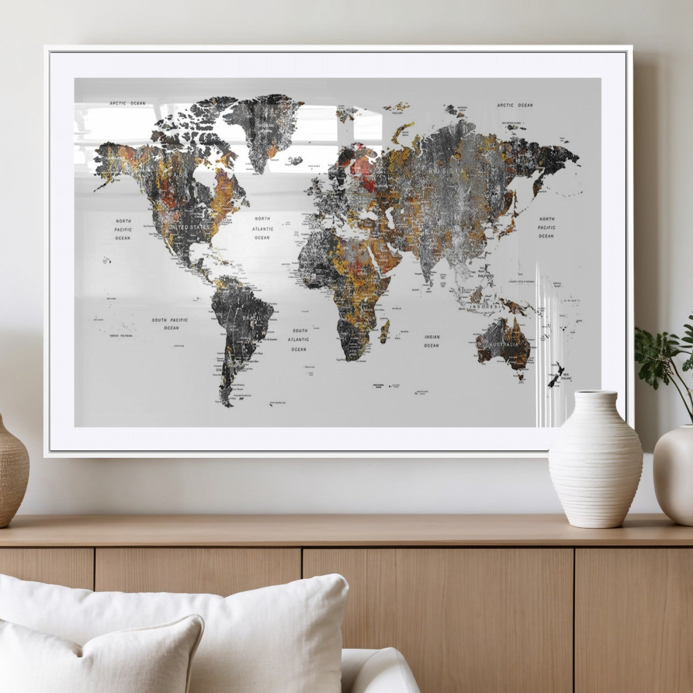 67481-MGV-CV-36X24-Modern Metallic World Map Canvas Wall Art – Framed Contemporary World Map Print, Stylish Travel Inspired Decor for Home and Office Walls