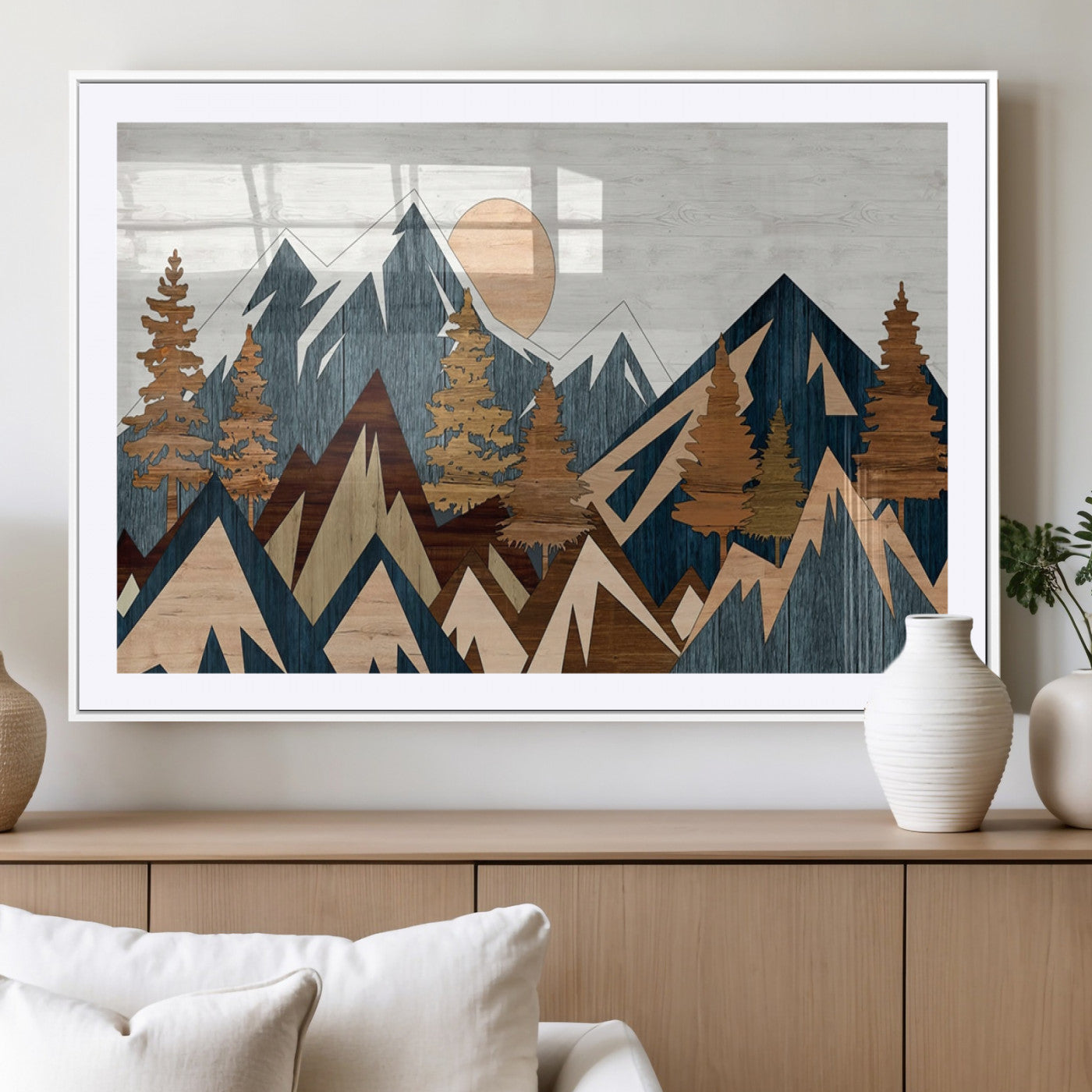 91467-MGV-CV-36X24-Abstract Wood Panel Effect Mountain Range Top Wall Art Canvas Print