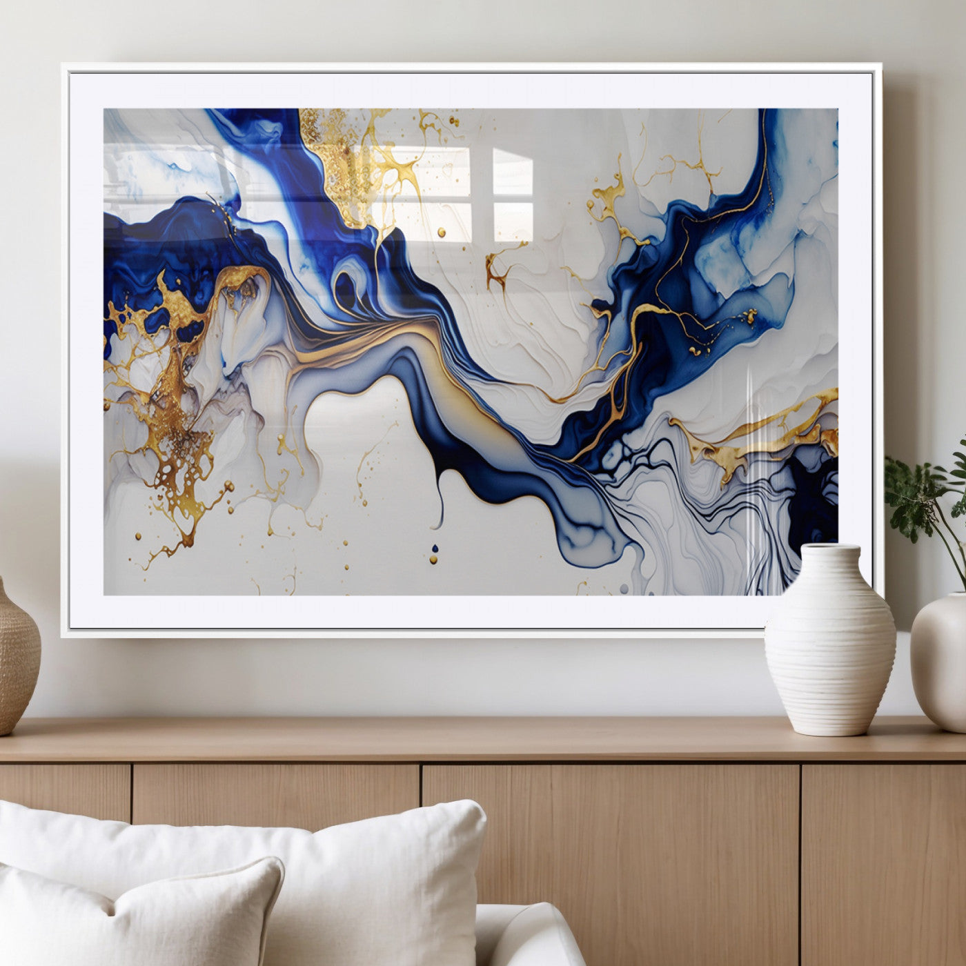 93392-MGC-FP-36x24_White-Golden Cascades on Midnight Blue – Deep Blue Abstract Wall Art Flowing Elegance | Wall Art Canvas,