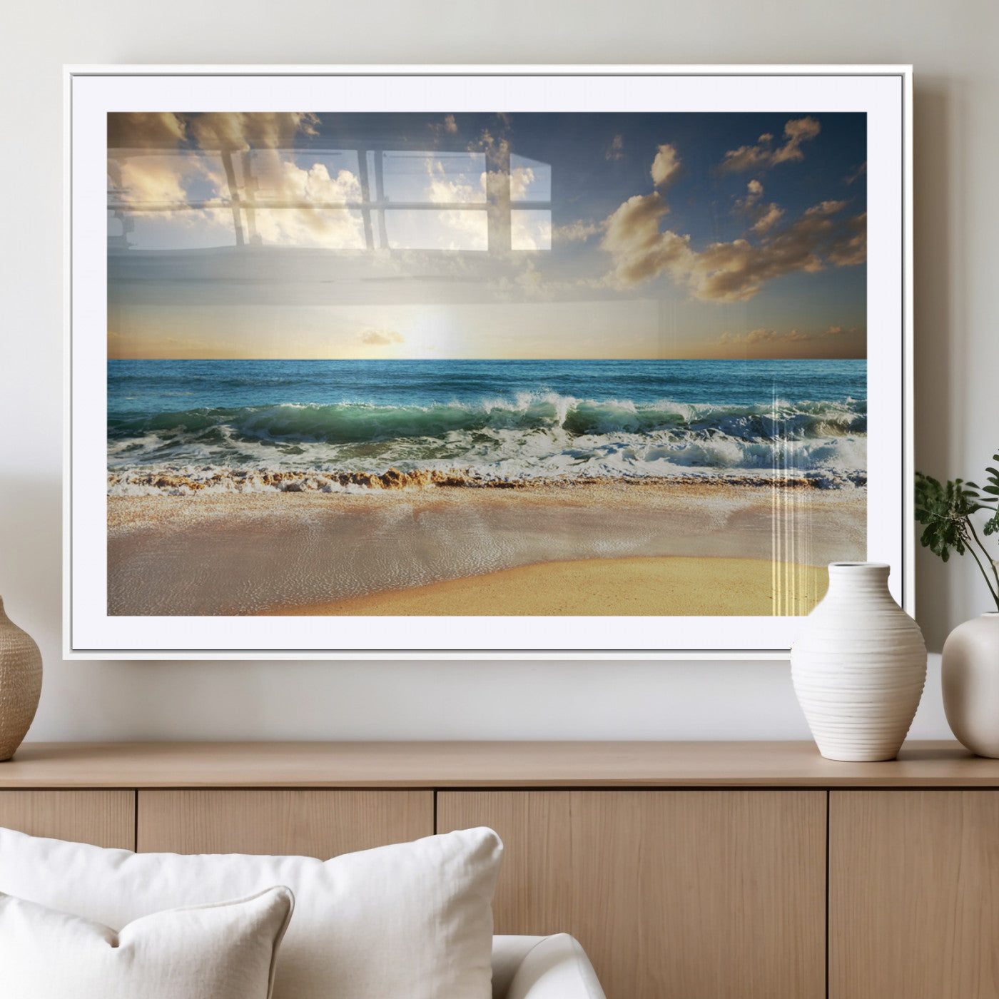 83376-MGV-CV-36X24-Golden Sunset Beach Triptych Canvas Wall Art for Living Room – 3-Panel Ocean View, Framed & Ready to