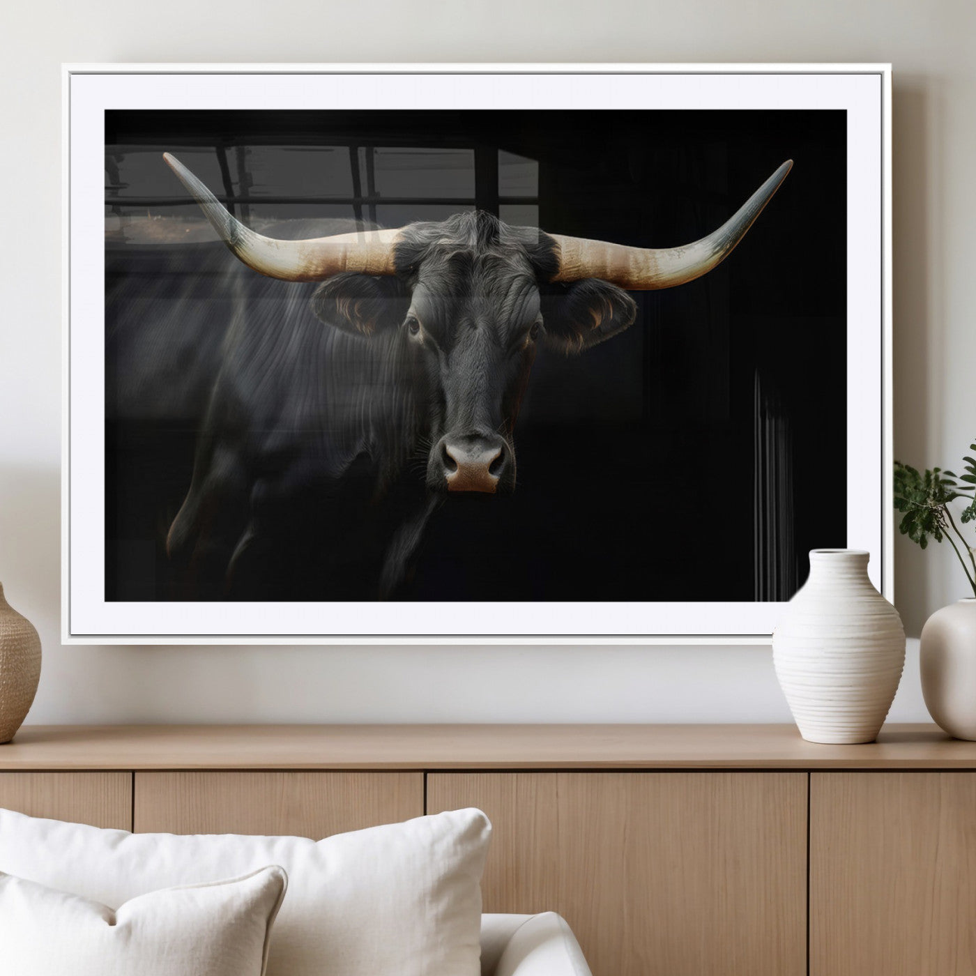 -Black Bull Wall Art – Majestic Longhorn Canvas Print with Dark Background, Rustic Western Farmhouse Decor for Living Room or Office