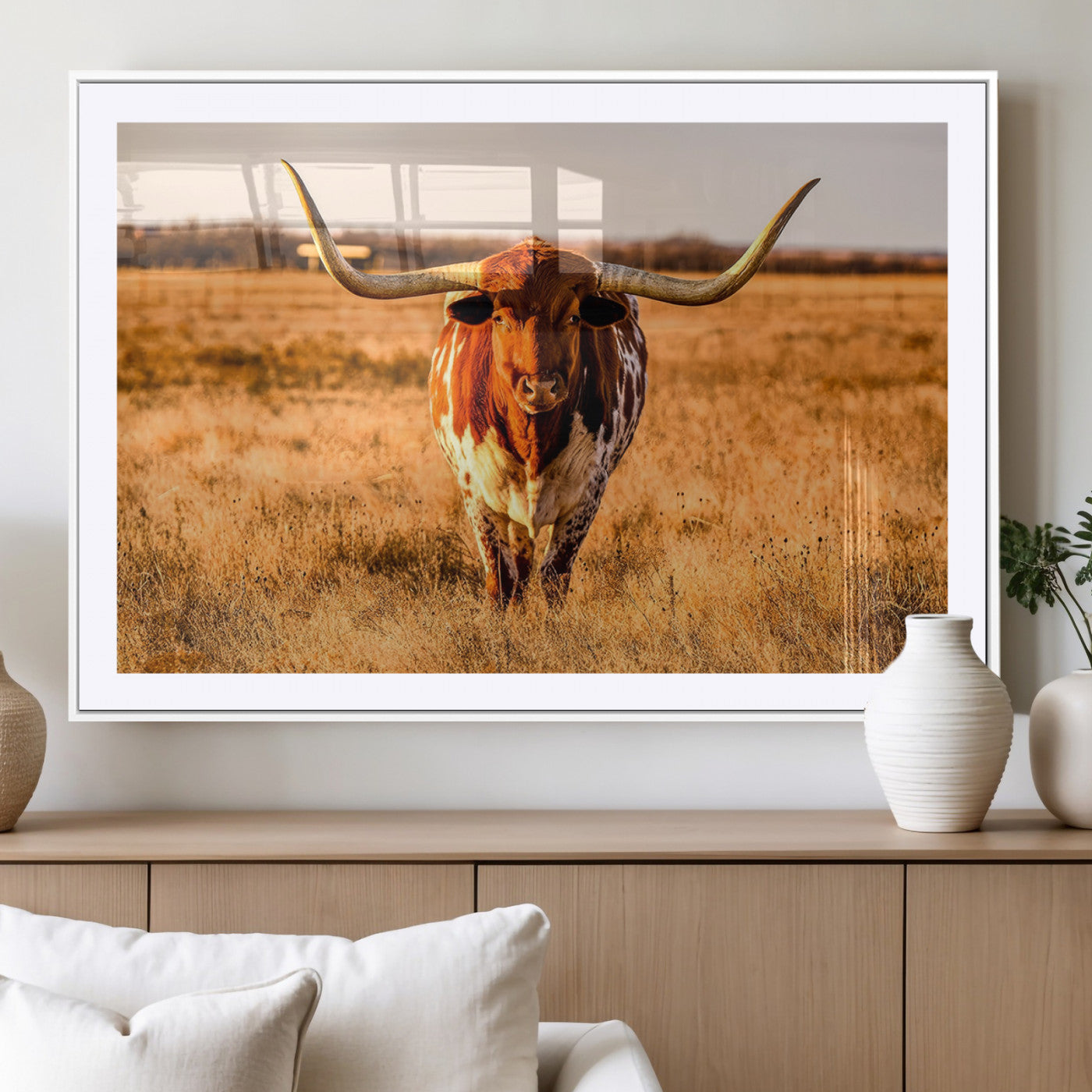 57874-MGC-FP-36x24_White-Longhorn Cow Wall Art | Ready to Hang Framed Canvas Print for Farmhouse and Barn Decor