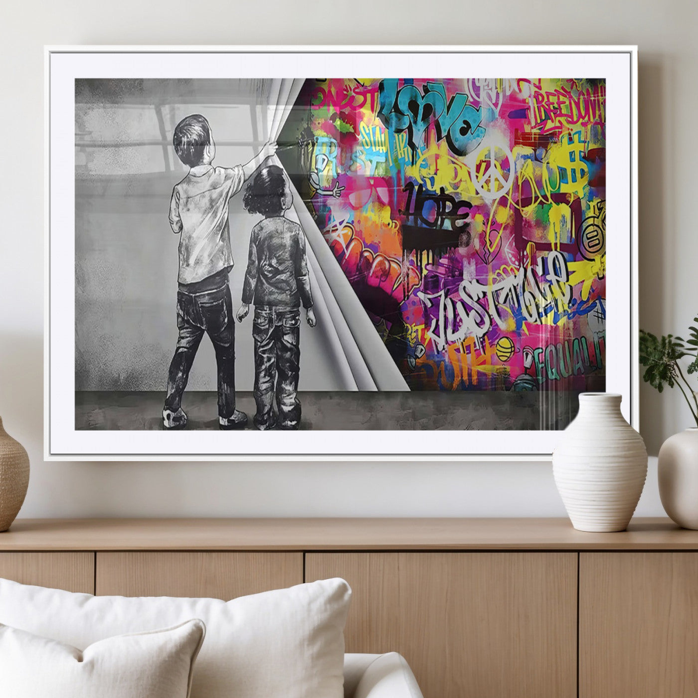 92809-MGV-CV-36X24-Banksy Print - Street Art Canvas Wall Art - Kids Revealing Graffiti, Urban Modern Decor for Living