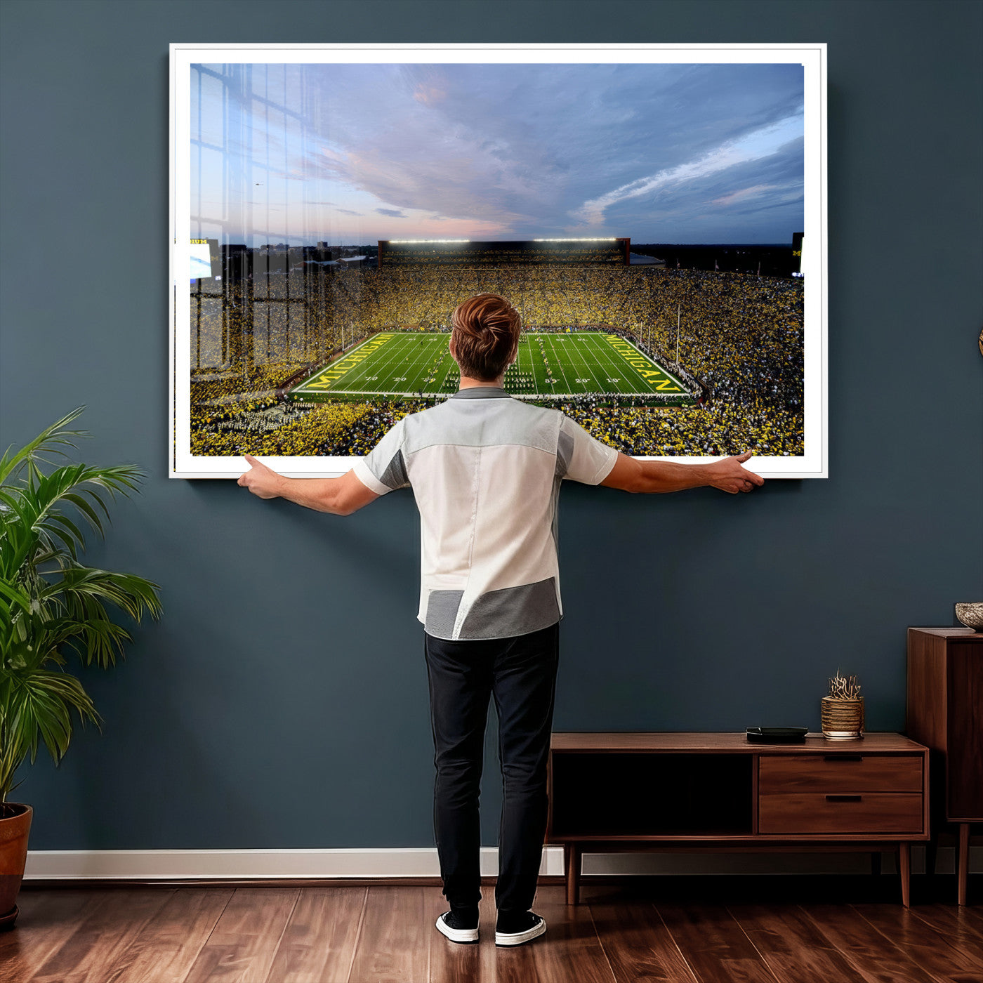 82641-MGV-CV-36X24 - Michigan Stadium Wall Art Canvas Print, Vibrant Game Day Crowd and Sunset Sky Football Field Artwork for Home, Office