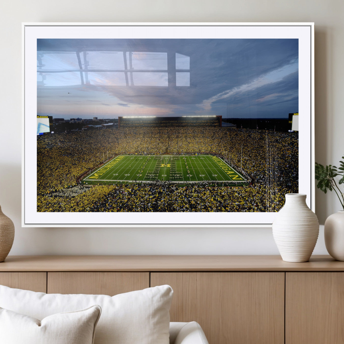 82641-MGC-FP-36x24 - Michigan Stadium Wall Art Canvas Print, Vibrant Game Day Crowd and Sunset Sky Football Field Artwork for Home, Office