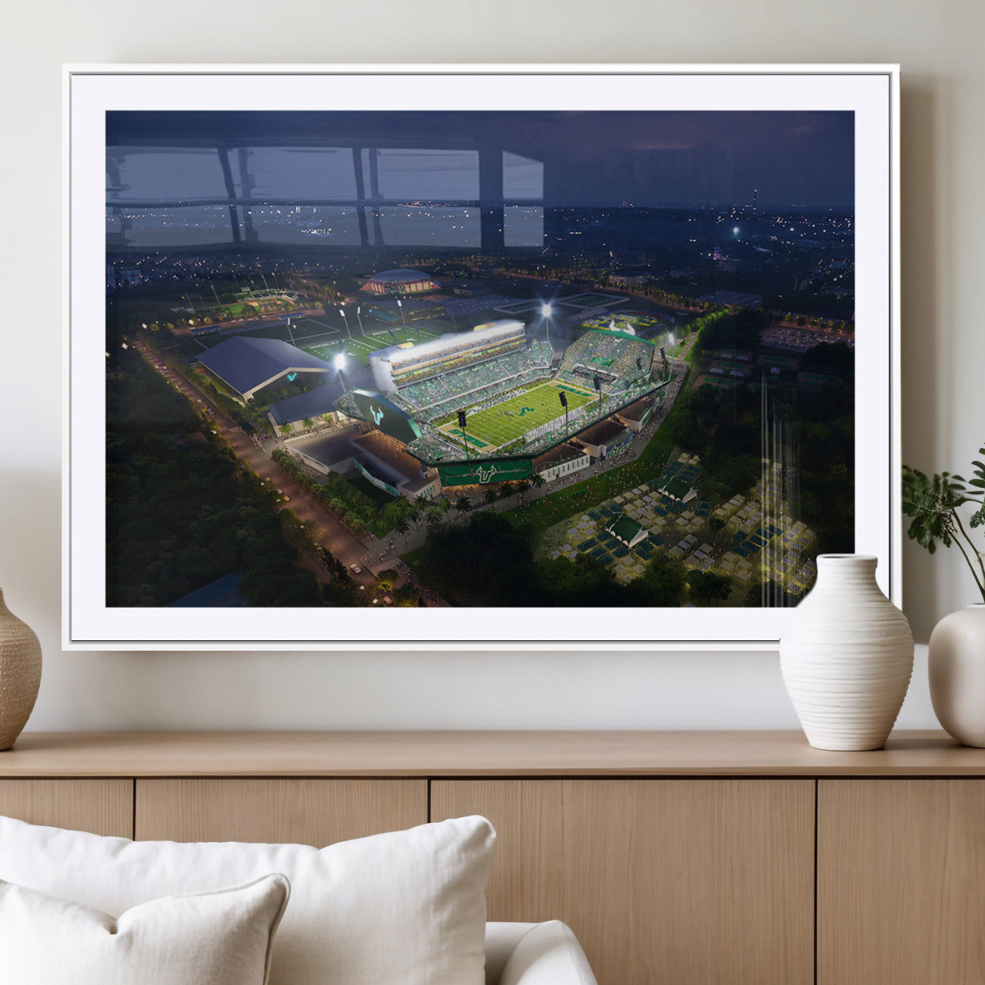 27554-MGC-FP-36x24_White-The University of South Florida Bulls Football Team Print - Tampa USF Football Stadium Wall Art