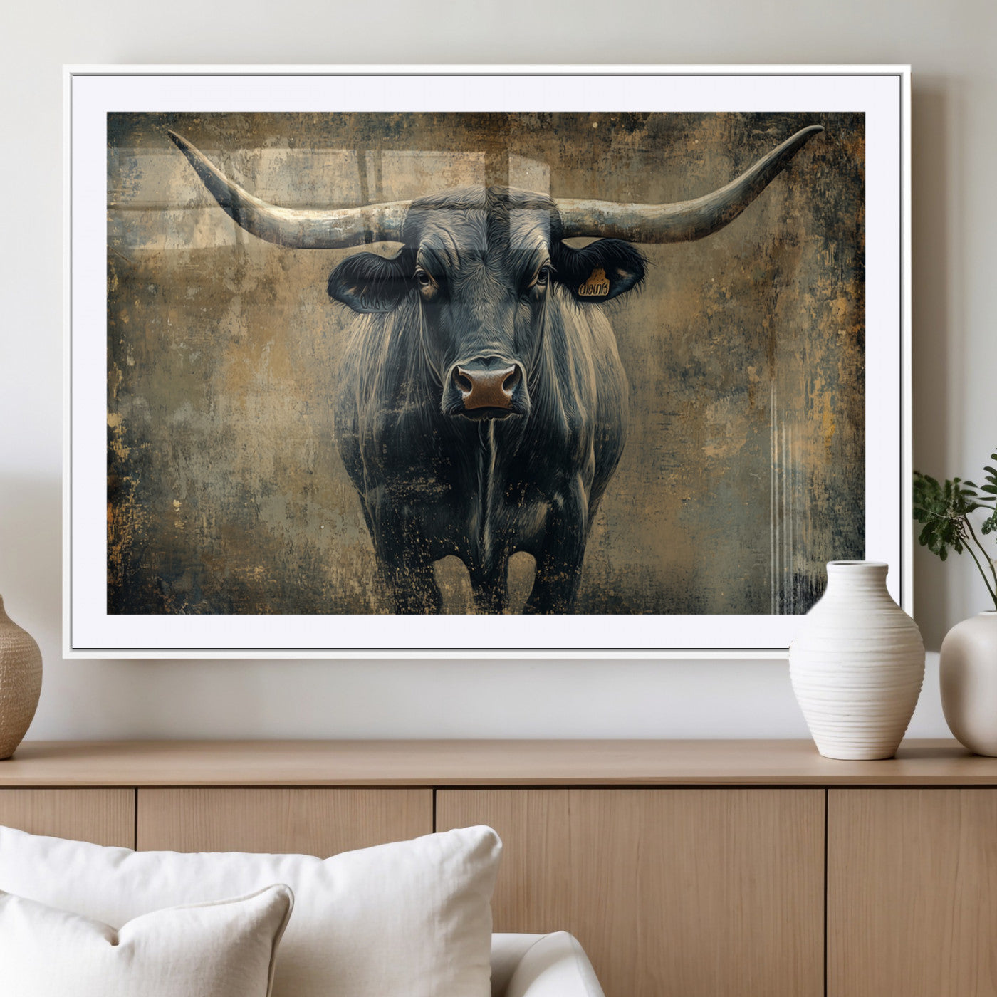 57385-MGV-CV-36X24 - Longhorn Bull Wall Art Canvas Print, Framed Rustic Cow Art Picture Print, Texas Longhorn Perfect Western Decor Artwork