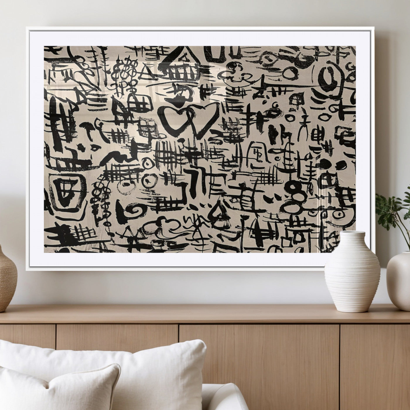 68273-MGC-FP-36x24 - Abstract Love and Chaos Canvas Print, Black Symbols on Beige