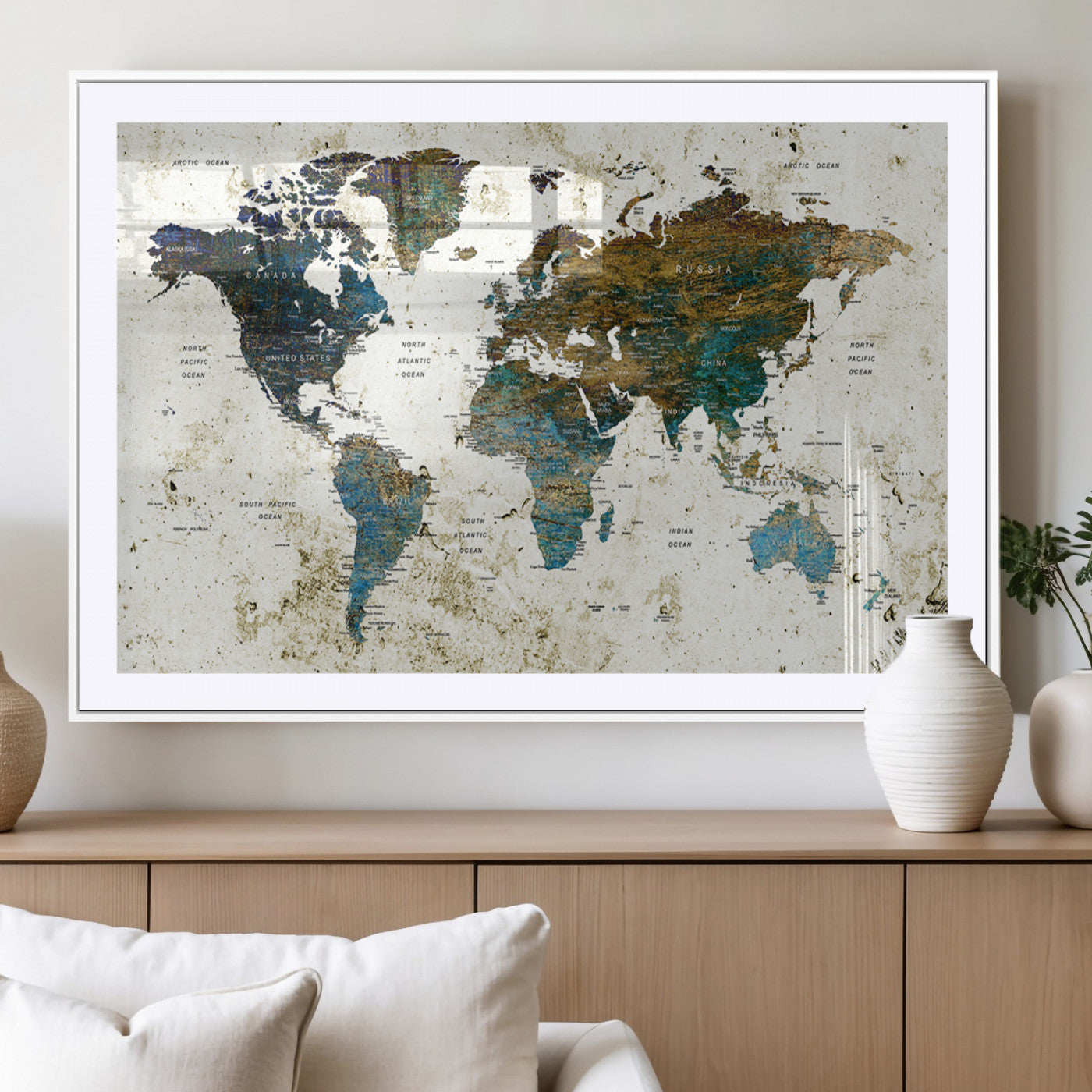 89176-MGV-CV-36X24-Vintage Blue and Brown World Map Canvas Wall Art – Framed Rustic Map Print, Earth Tone Travel Decor for Stylish Home and Office Walls
