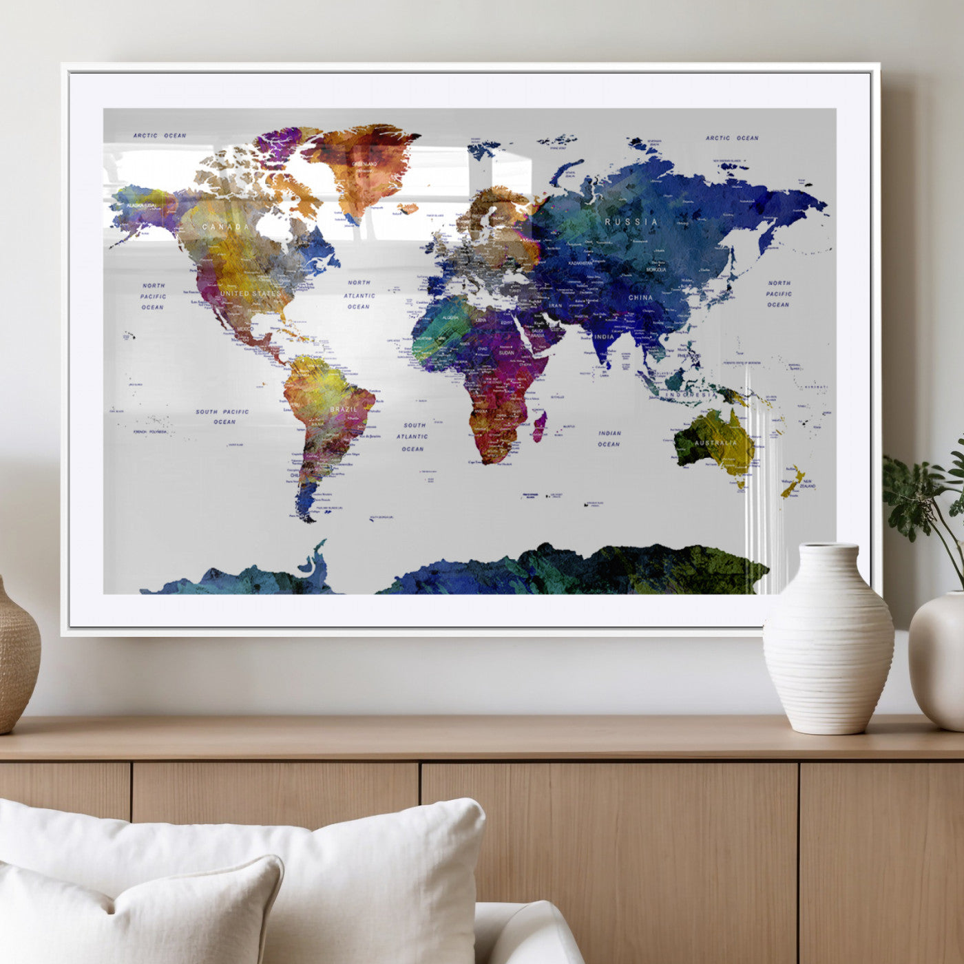 90446-MGC-FP-36x24_White-Colorful Watercolor World Map Canvas Wall Art – Framed Modern Push Pin Travel Map for Home and Office Decor