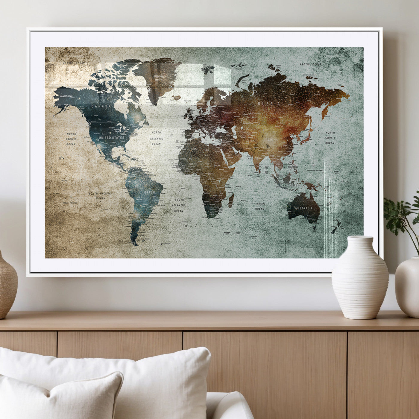 25140-MGV-CV-36X24-World Map Canvas Print – Framed Vintage Style Push Pin Wall Art, Elegant Travel Map Decor for Home or Office