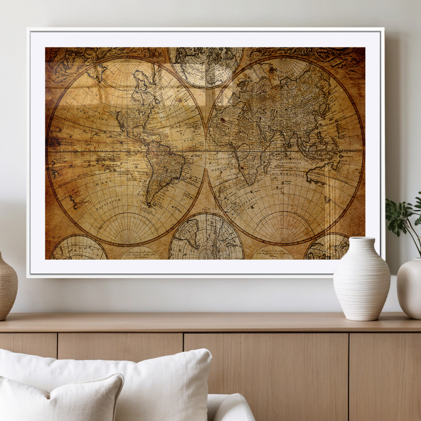 25517-MGC-FP-36x24 - Vintage World Map Canvas Print – Antique Push Pin Travel Map, Framed Wall Art for Home or Office Decor