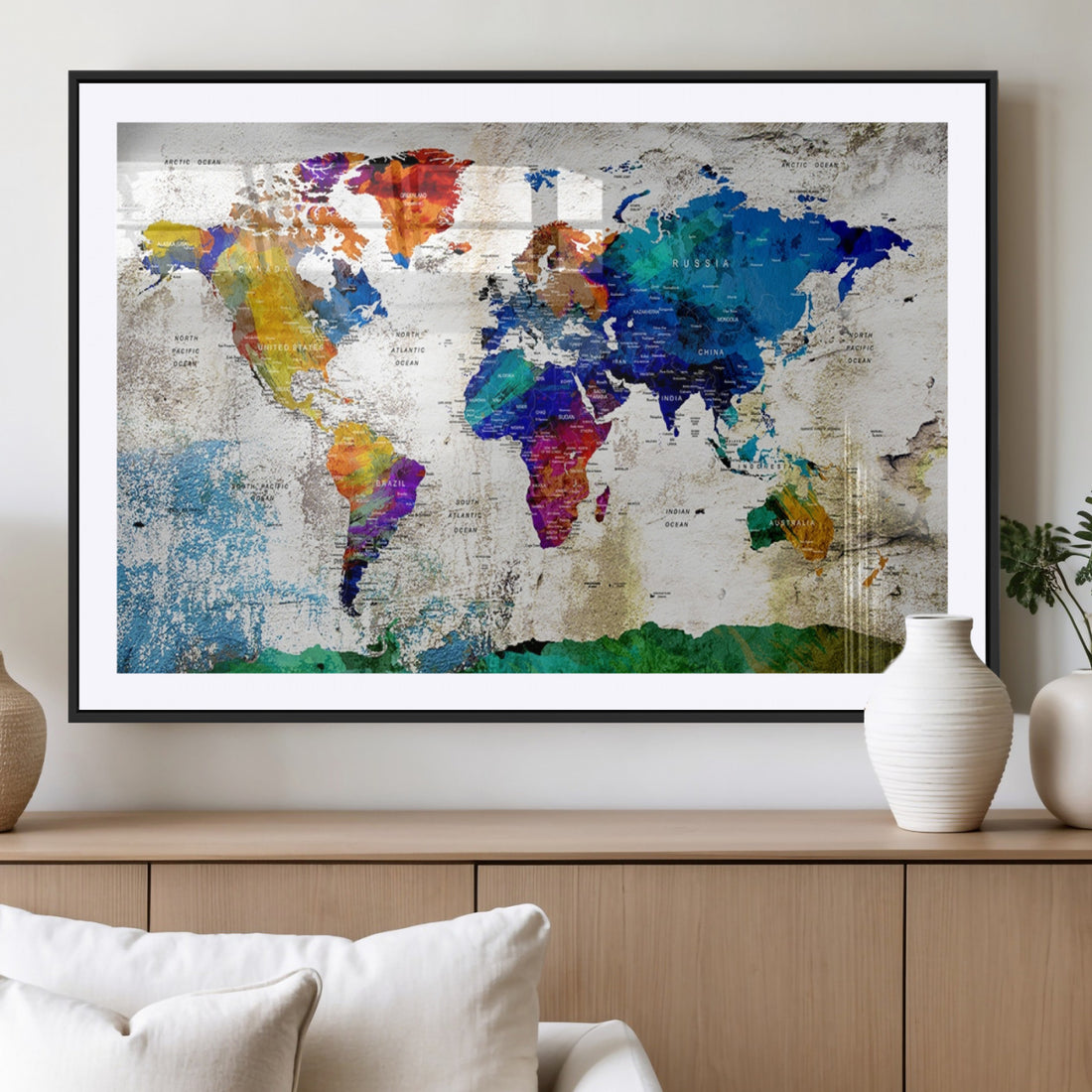 Navy Blue and Orange Watercolor World Map Canvas Print | Framed Travel Map