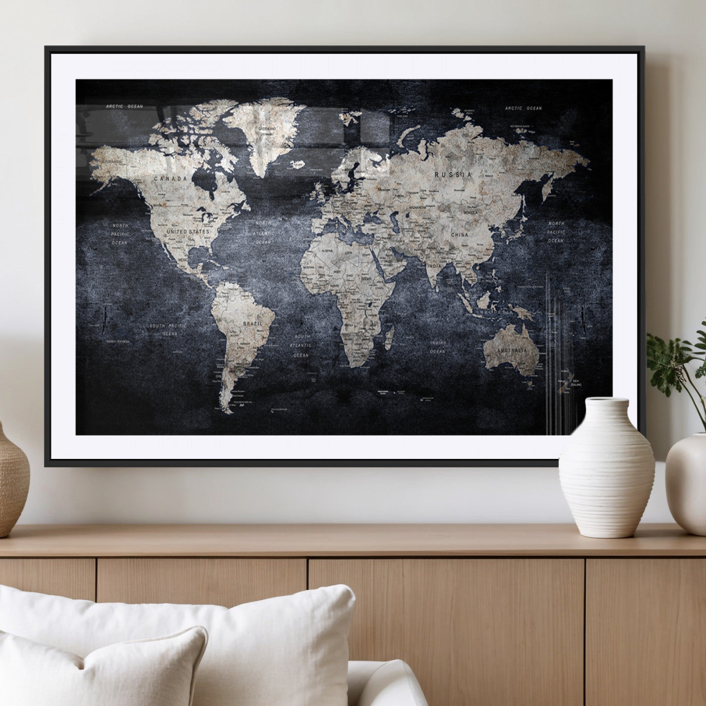 82598-MGV-CV-36X24-Modern Dark World Map Canvas Print – Framed Push Pin Wall Art, Elegant Travel Map Decoration for Home Office or Living Room Decor
