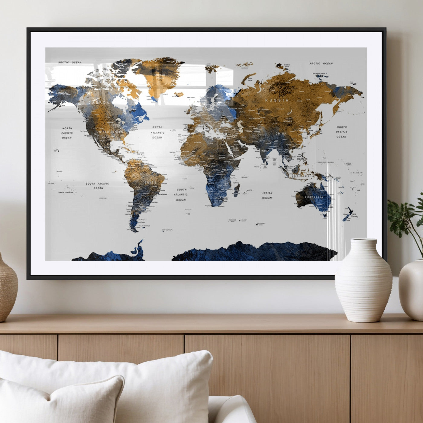 56231-MGV-CV-36X24-Navy and Gold World Map Canvas Wall Art – Framed Modern World Map Print, Elegant Travel Inspired Artwork for Home and Office Decor