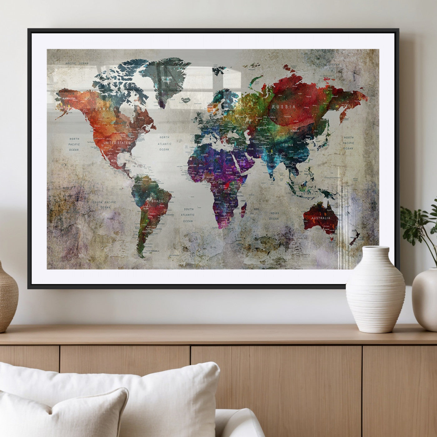 83409-MGV-CV-36X24-Push Pin World Map Canvas Print – Framed Travel Map Wall Art for Couples, Anniversary Gift, Modern Home or Office Decor
