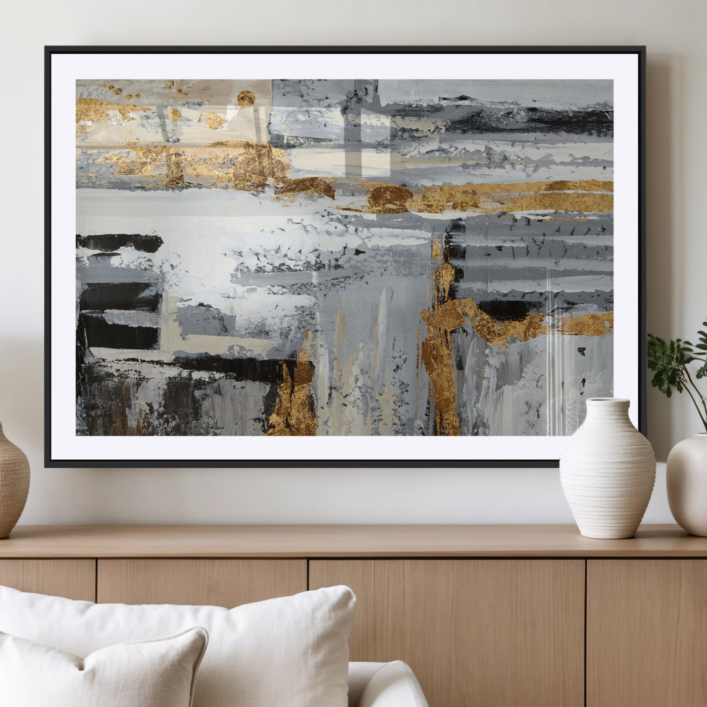 43177-MGV-CV-36X24-Abstract Painting Canvas Wall Art Print Paint Drip Art Brush Strokes Gray Artwork