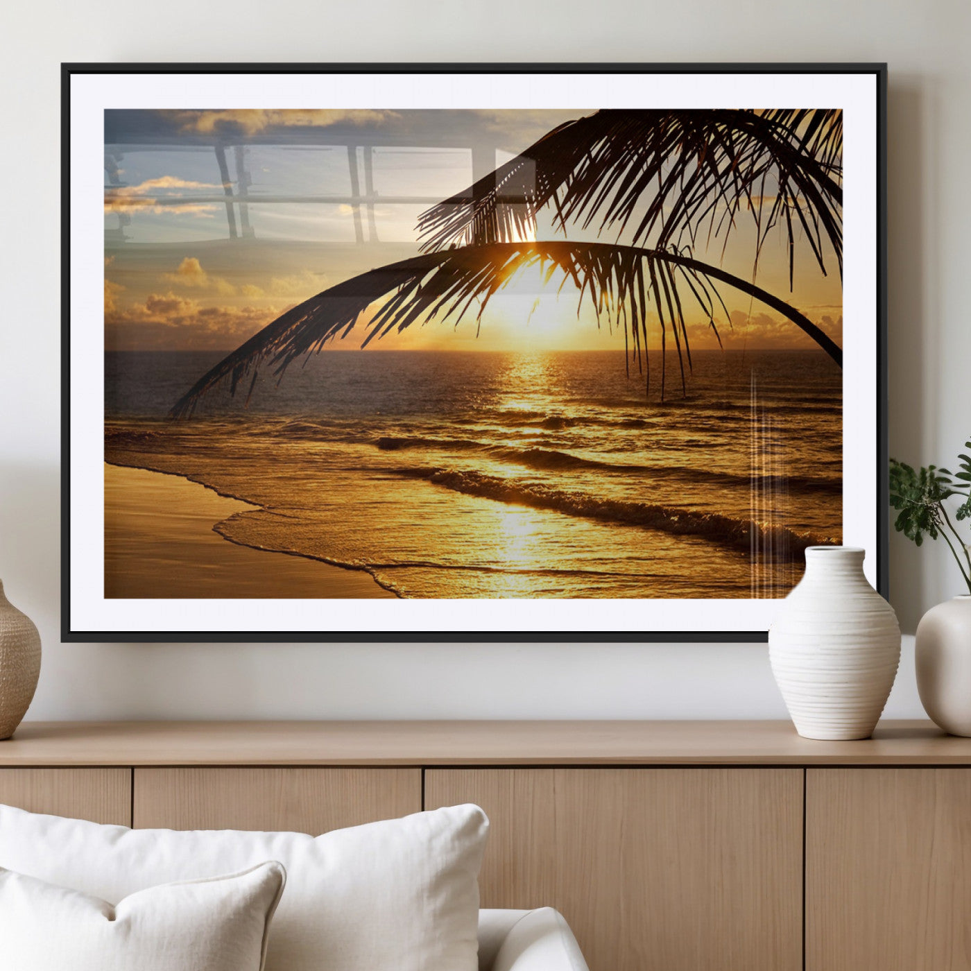-Golden Tropical Beach Sunset Canvas Triptych, Coastal Palm Tree Wall Art, Ocean Shoreline Giclee