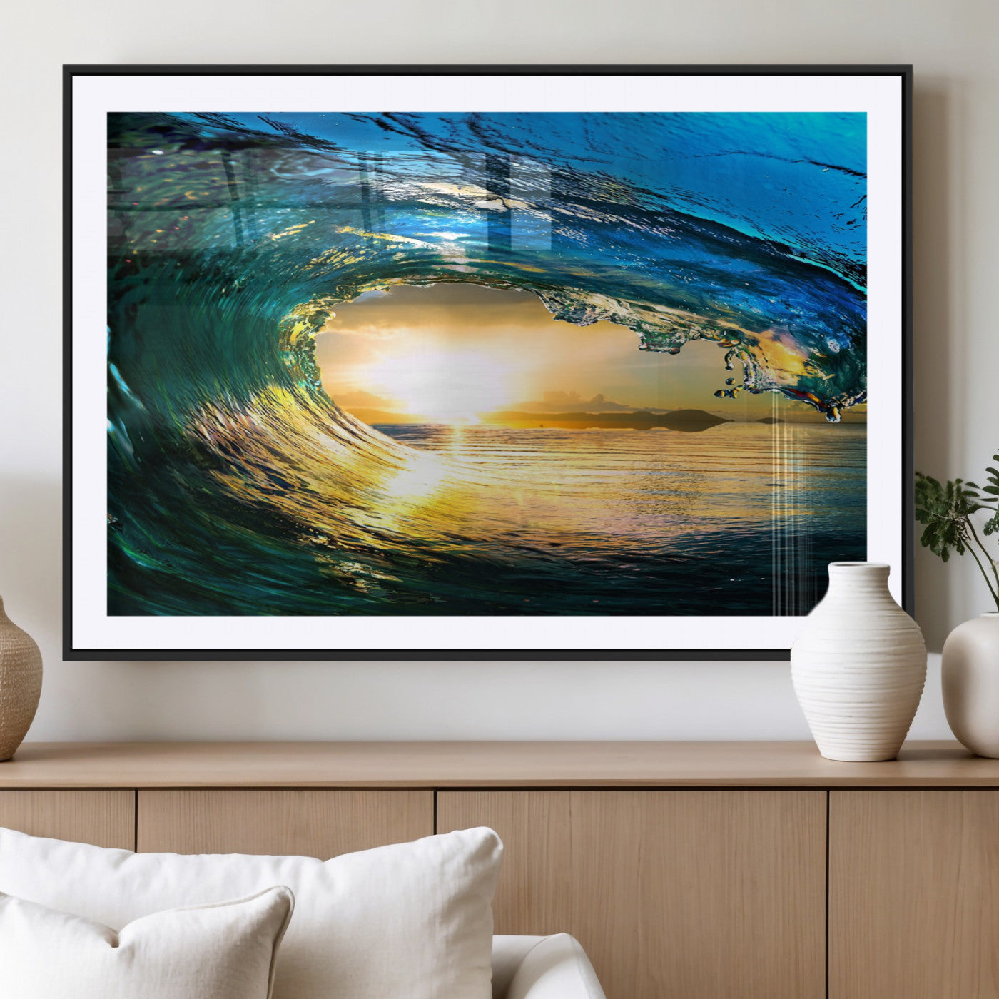 -Ocean Wave at Sunset Canvas Art, Large Wall Print of Vibrant Water Waves, Coastal Art for Living