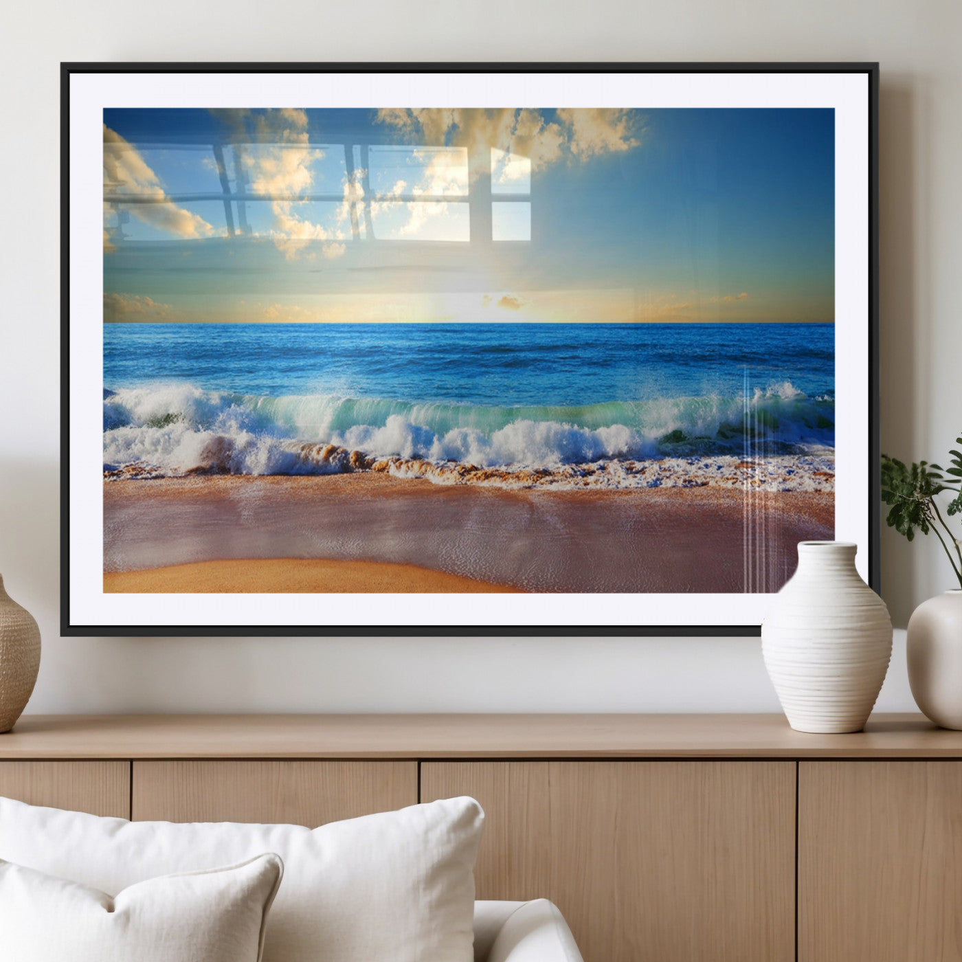 -Tropical Beach Sunset Canvas Art, Ocean Waves and Sandy Shoreline Wall Art, Large Beach Decor for