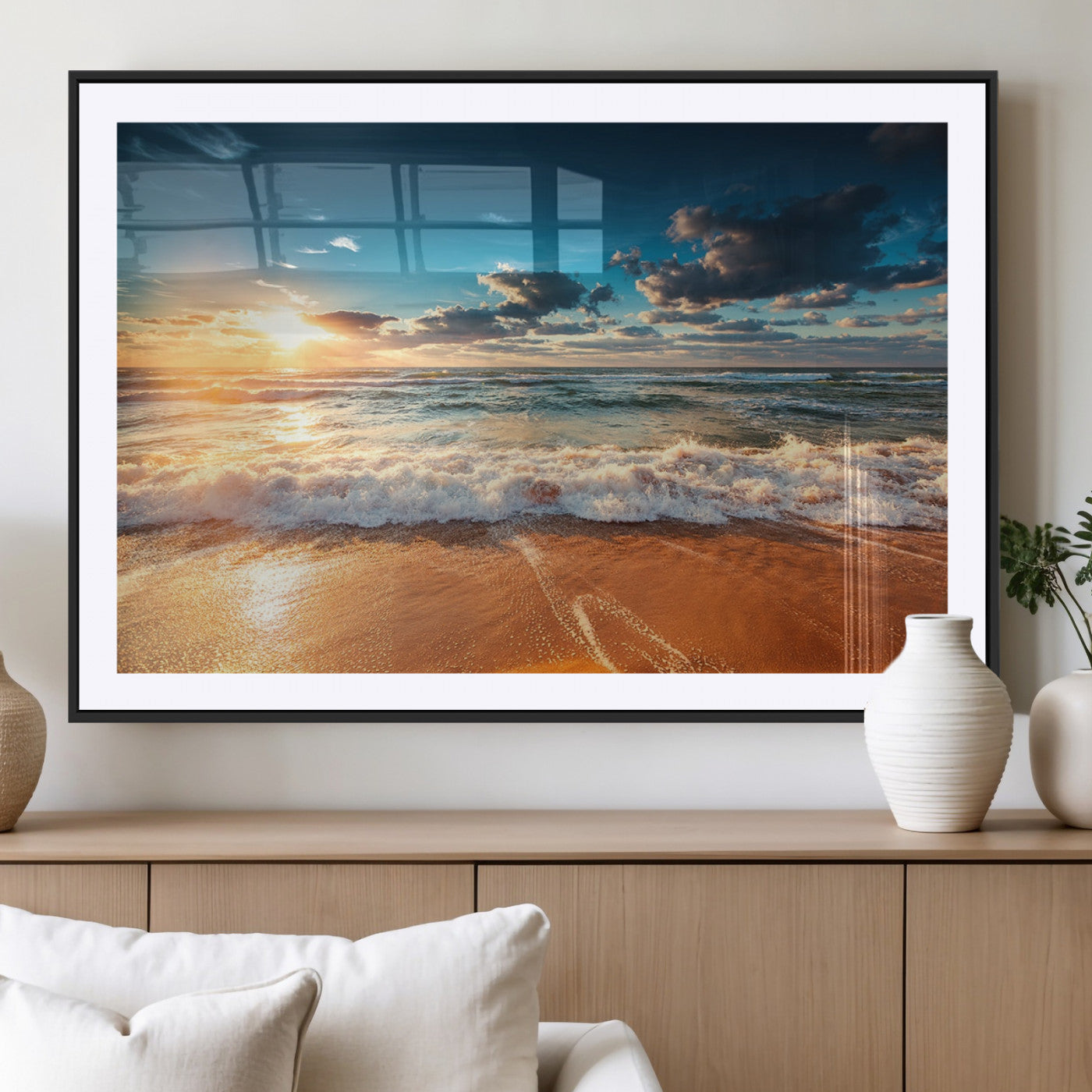 35648-MGC-FP-36x24_Black-Golden Sunset Beach Triptych Canvas Art, Giclee Coastal Wall Decor, Ocean Waves Print, Modern Beach