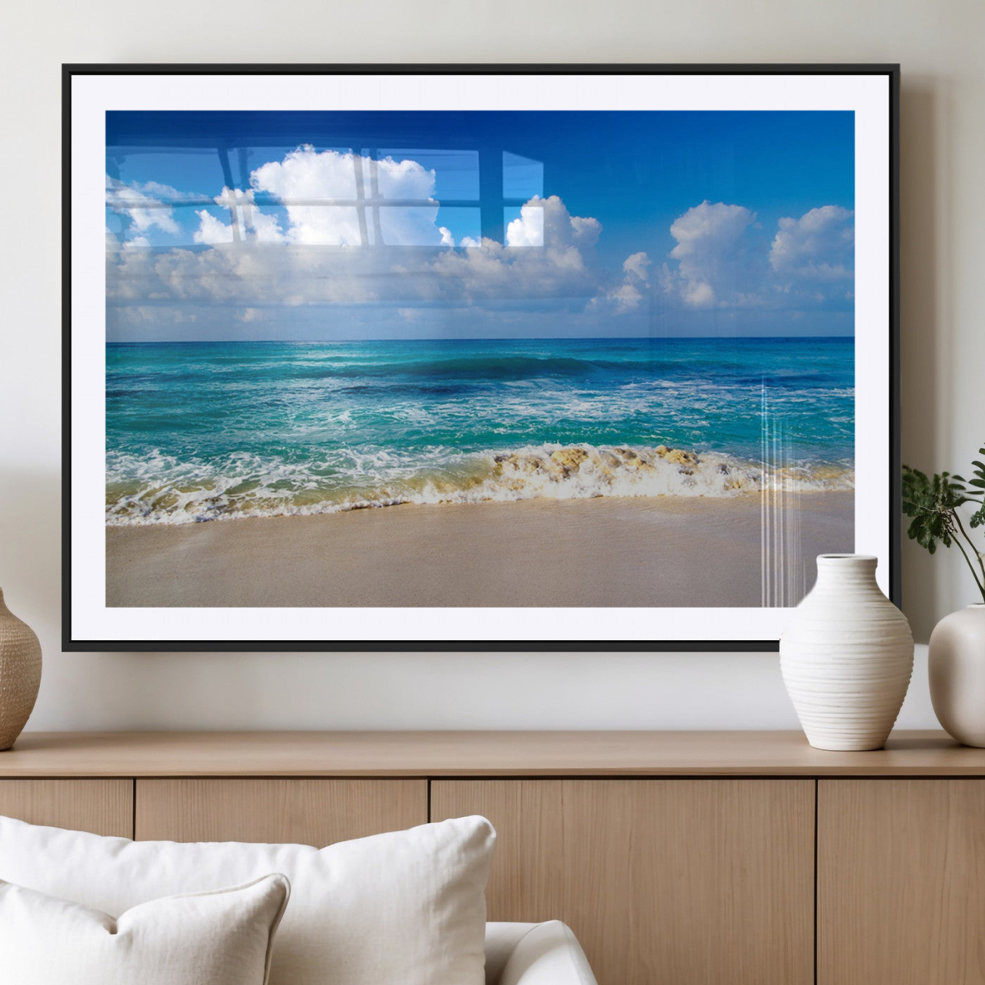 60364-MGV-CV-36X24-Tropical Beach 3-Panel Canvas Wall Art – Serene Ocean Waves and Blue Sky Wall Art Print