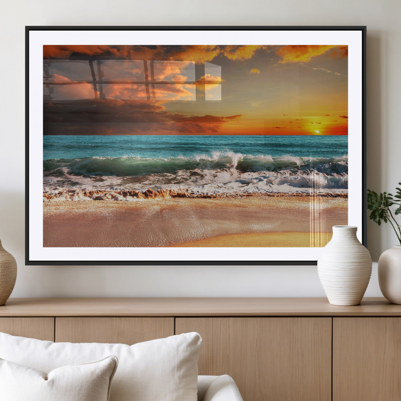-Golden Sunset Beach Canvas Wall Art – Triptych Seascape Print – Framed and Ready to Hang for Living