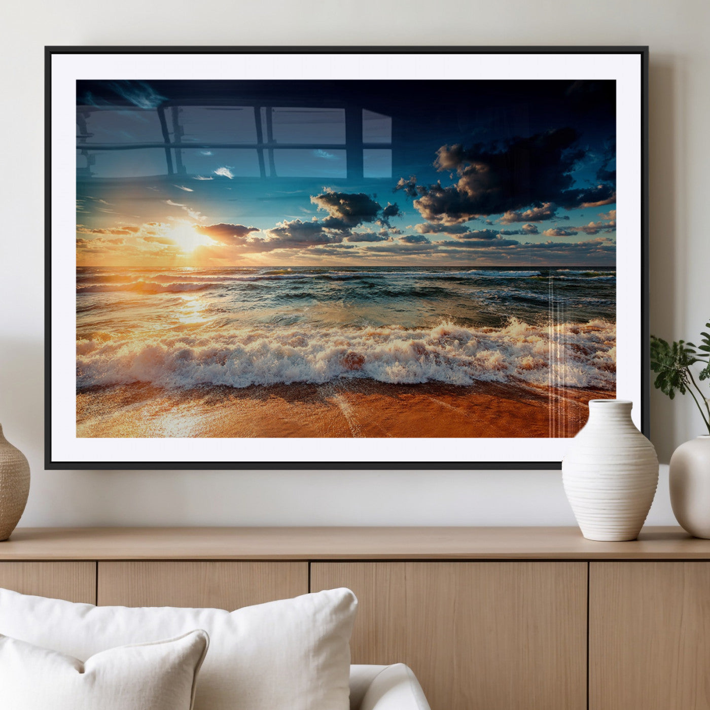 -Golden Hour Sunset Over Ocean Waves Wall Art Canvas Print | 3 Panel Coastal Landscape Canvas Wall