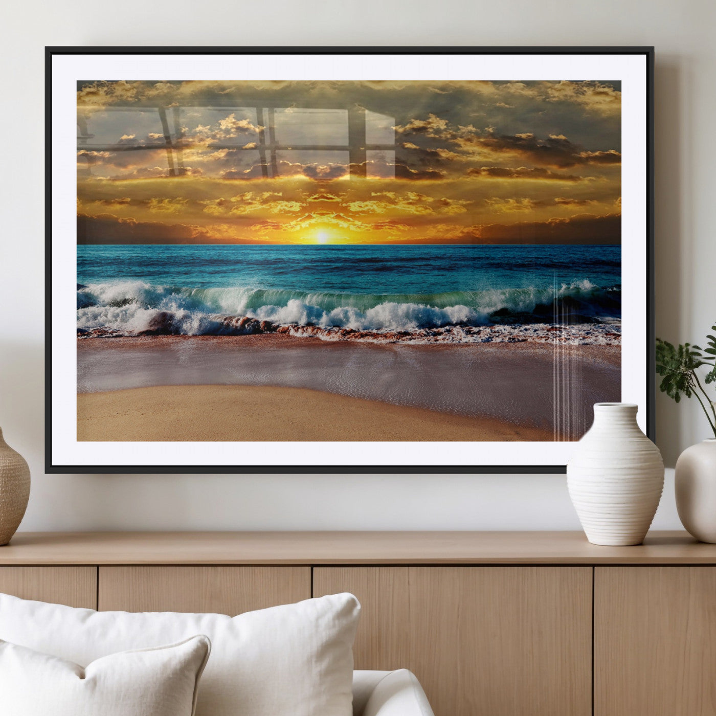 -Ocean Sunrise Over Golden Beach Waves, Giclee Canvas Wall Art Set, High-Quality Stretched Canvas
