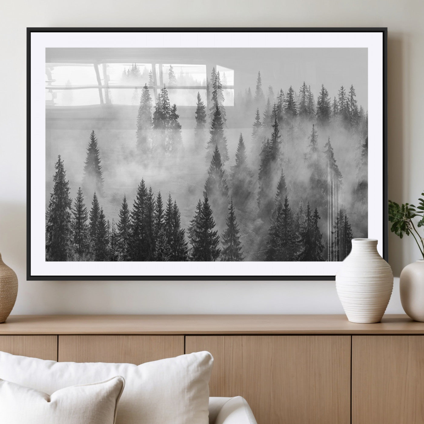 10422-MGV-CV-36X24 - Forest Wall Art Print | Foggy Pine Forest Canvas Wall Art - Black and White Nature Decor for Living