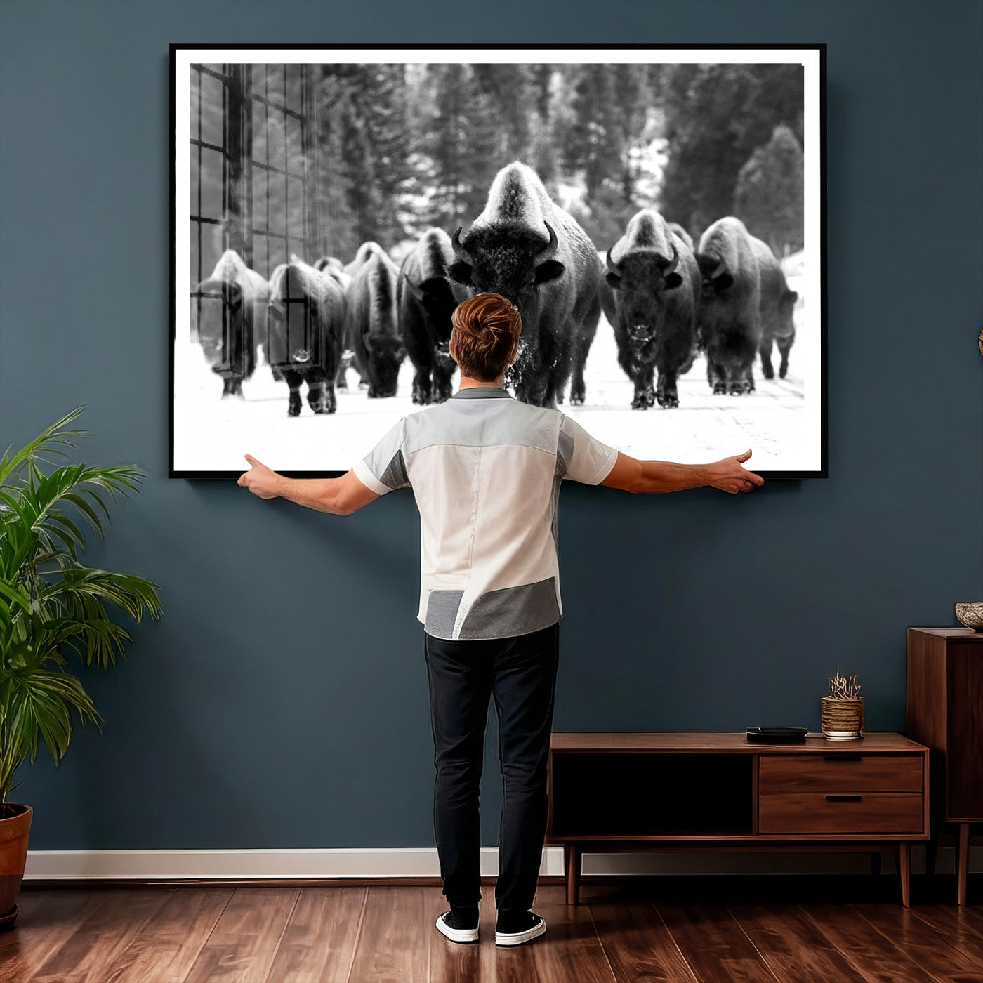 62434-MGV-CV-36X24 - Bison Herd in Snow Wall Art Canvas Print | Rustic Western Bison Wall Art for Decor for Living Room