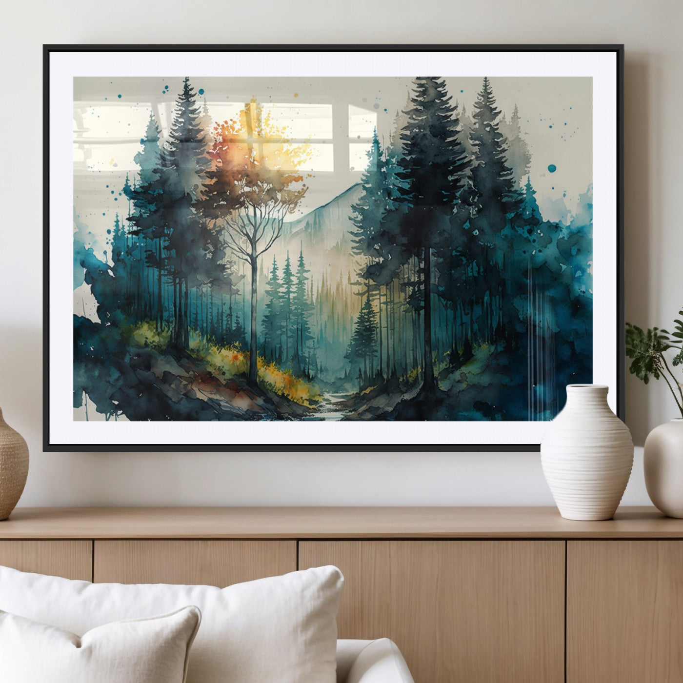 96186-MGV-CV-36X24-Watercolor Trees Forest Abstract Wall Art Canvas Print, Framed Watercolor Trees Wall Art