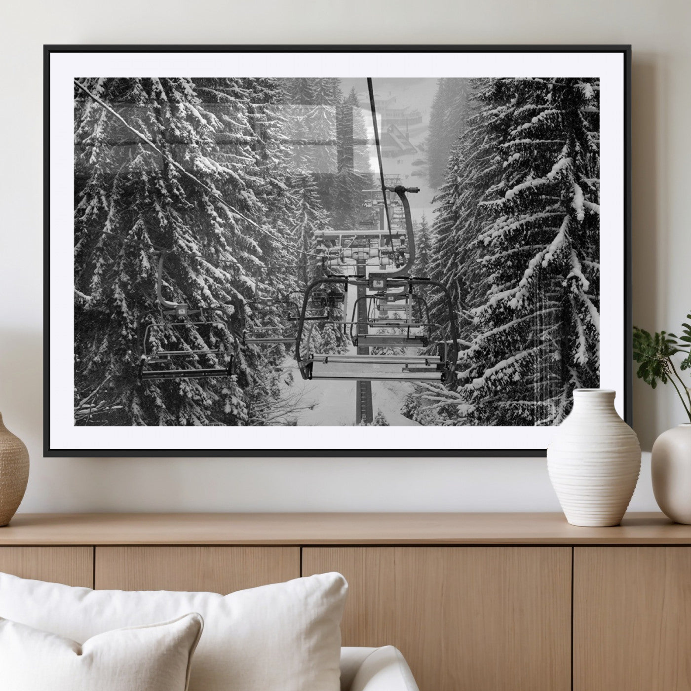 19240-MGV-CV-36X24-Winter Ski Lift Black and White Canvas Wall Art – Alpine Escape in Minimalist Style – Winter Ski