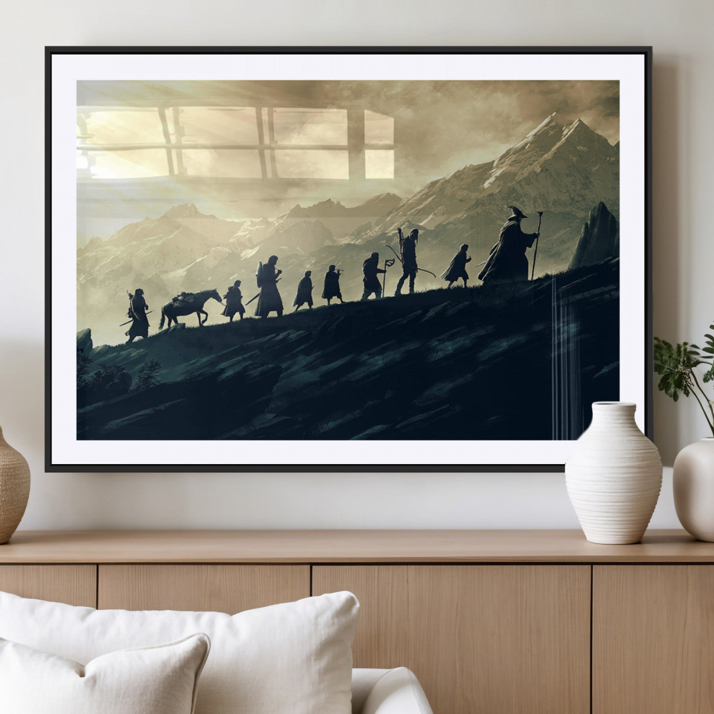 41574-MGV-CV-36X24-Fellowship Journey Wall Art – Fantasy Adventure Canvas Print with Silhouetted Travelers and Mountains, Cinematic Landscape Decor for Home or Office