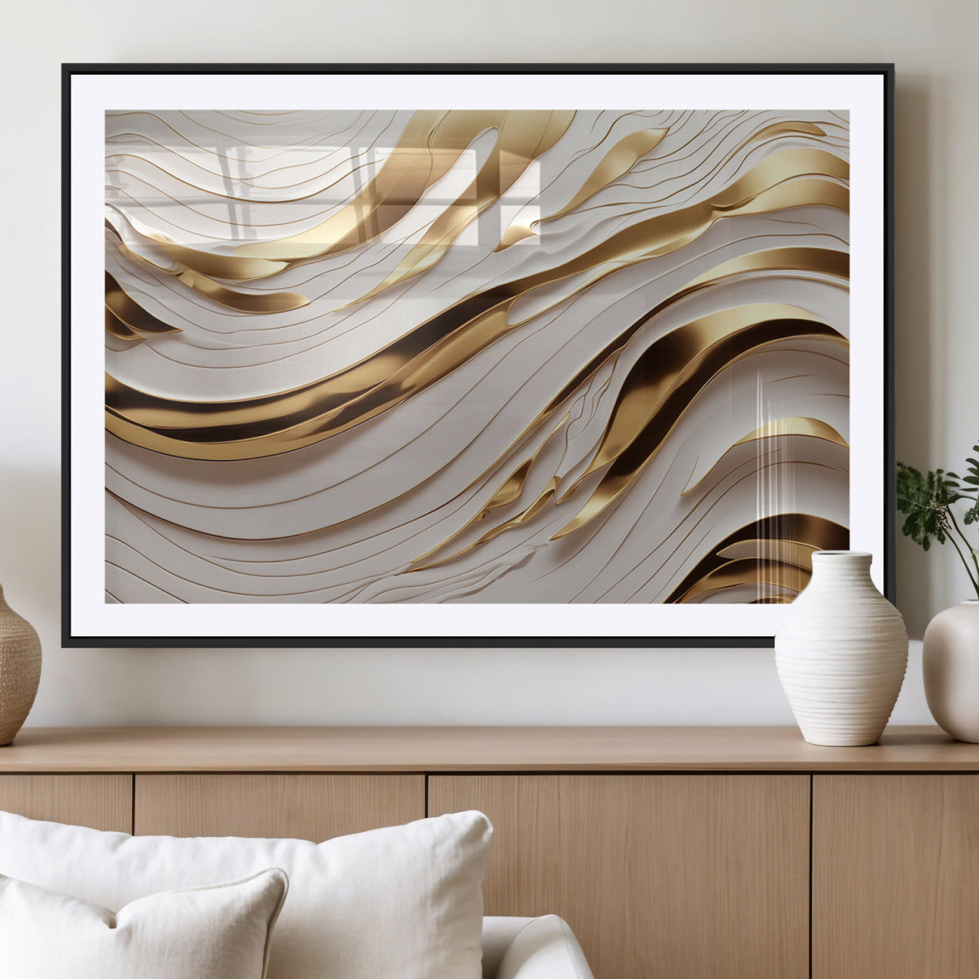 81197-MGV-CV-36X24-Gold and White Abstract Wave Canvas – Elegant Flowing Design with Luxurious Golden Accents –