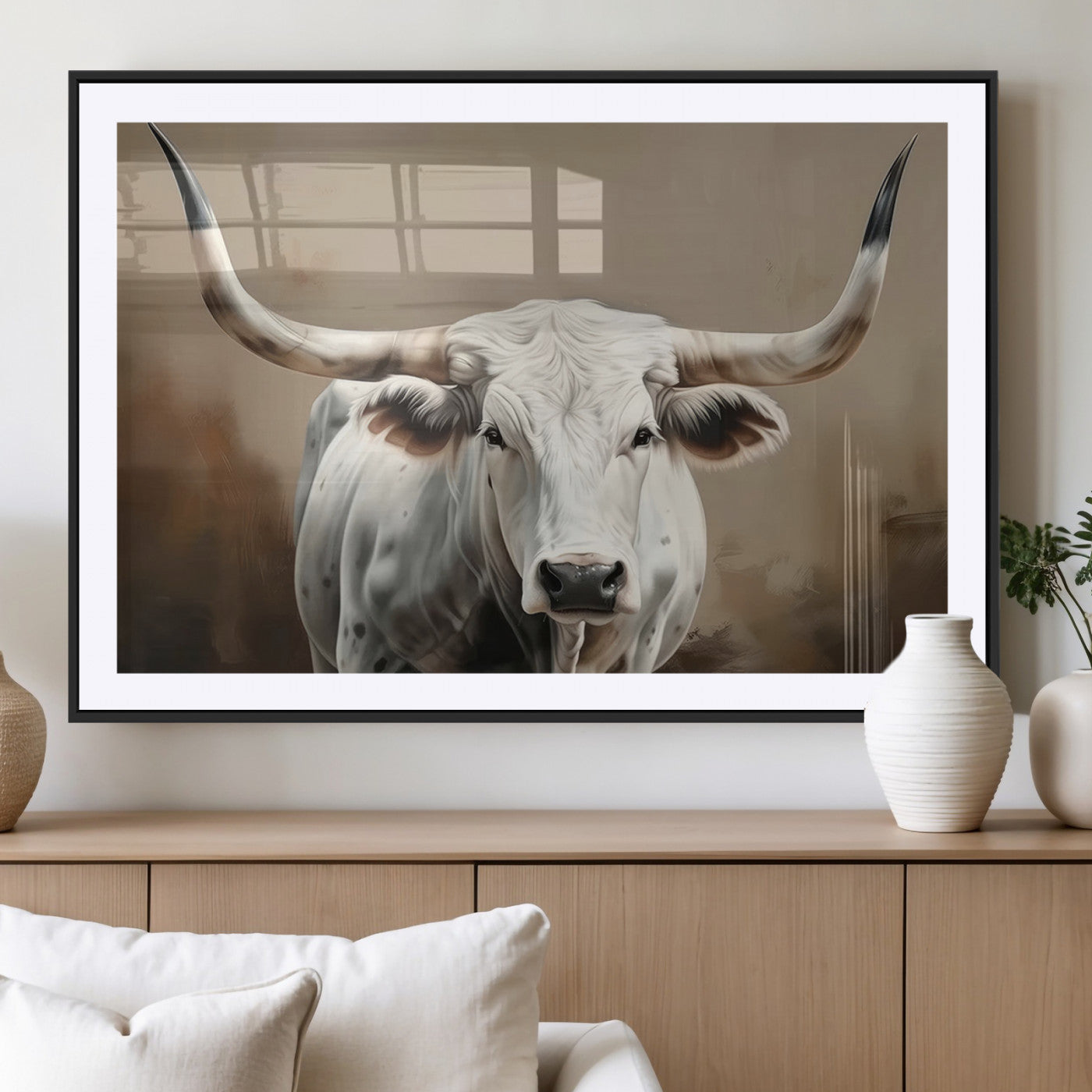 61423-MGC-FP-36x24_Black-White Longhorn Bull Wall Art Canvas Print – Framed and Ready to Hang – Perfect for Farmhouse and