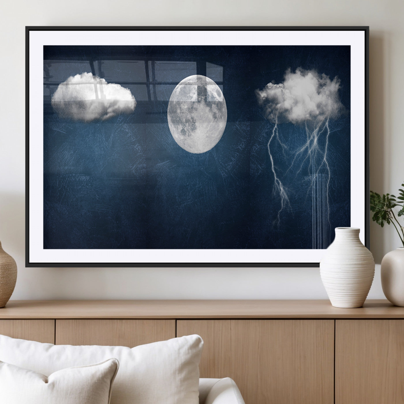 96569-MGV-CV-36X24-Dark Blue Cloud Art, 3 Piece Indigo Blue Wall Art, Aesthetic Surreal Art, Thunderstorm Moon Cloud