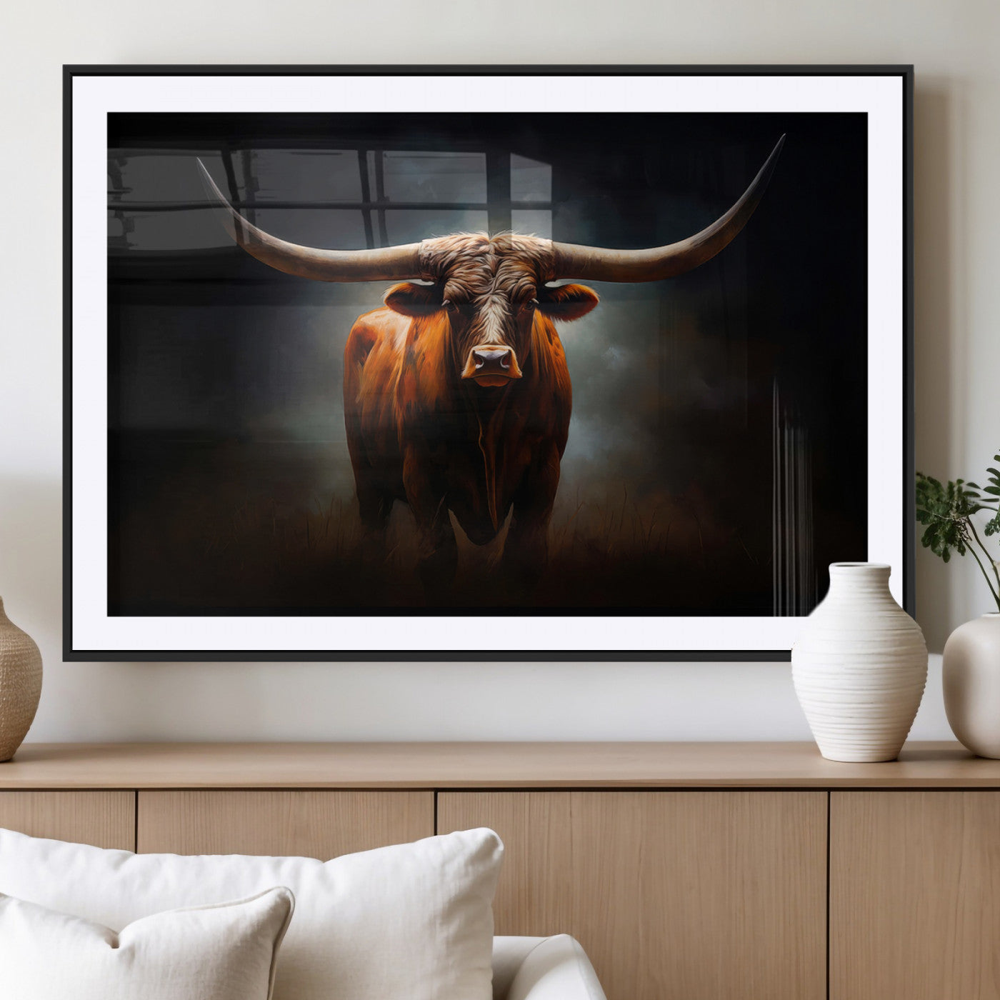 48896-MGV-CV-36X24 - Abstract Texas Longhorn Wall Art Print | 3-Panel Large Texas Longhorn Canvas Print for Living Room,
