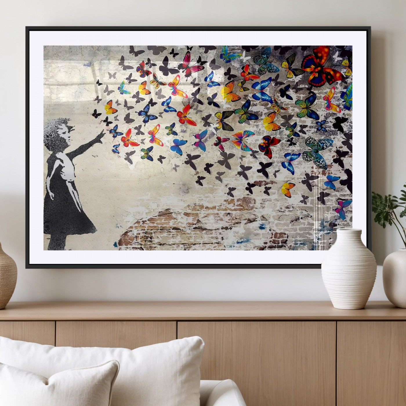 97895-MGC-FP-36x24_Black-Banksy Graffiti Wall Art Canvas Print: Girl Releasing Vibrant Butterflies – Ready to Hang